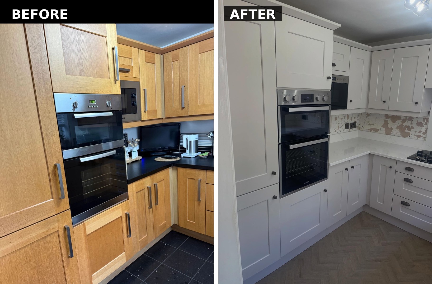 Side by side comparison of the double oven cabinet stack. Left shows honey oak surrounds with chrome bar handles and dark laminate counter. Right shows the same cabinet stack in Gentle Fawn with burnt steel knobs and the same built in double ovens looking brand new in context.