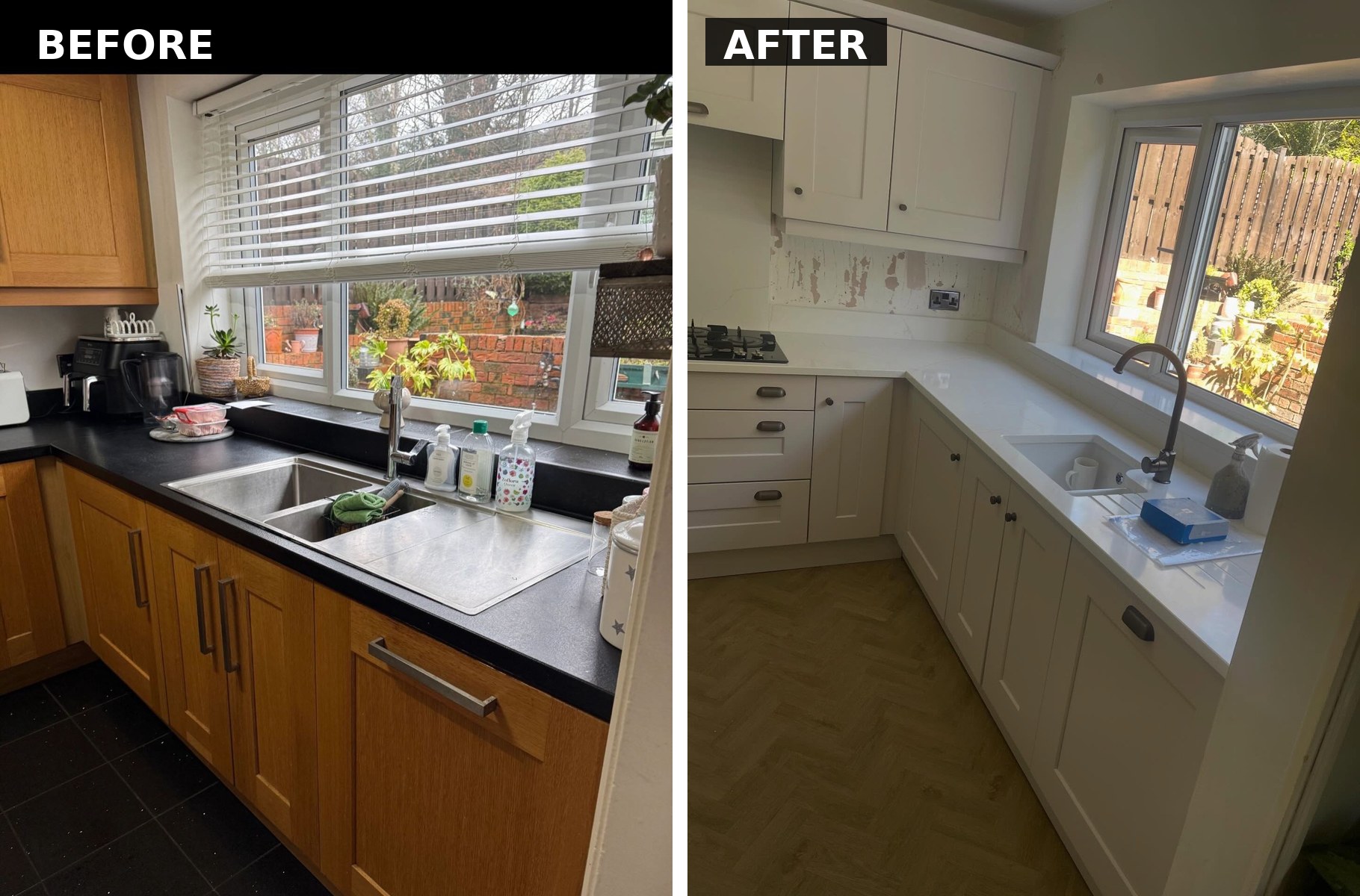 Before and after comparison of the sink wall. Left shows honey oak cabinets, chrome bar handles, a stainless sink and black laminate counter. Right shows Gentle Fawn cabinets with burnt steel knobs, a creamy quartz counter with drainer grooves and a matte black gooseneck tap.