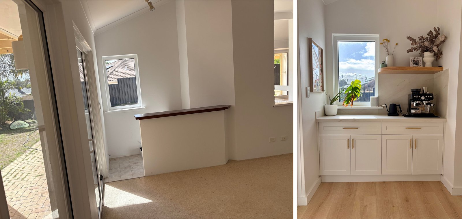 Side by side showing a dated carpeted sunroom with painted brick, next to a bright coffee nook with an espresso machine, brass hardware, and a plant on the window ledge.