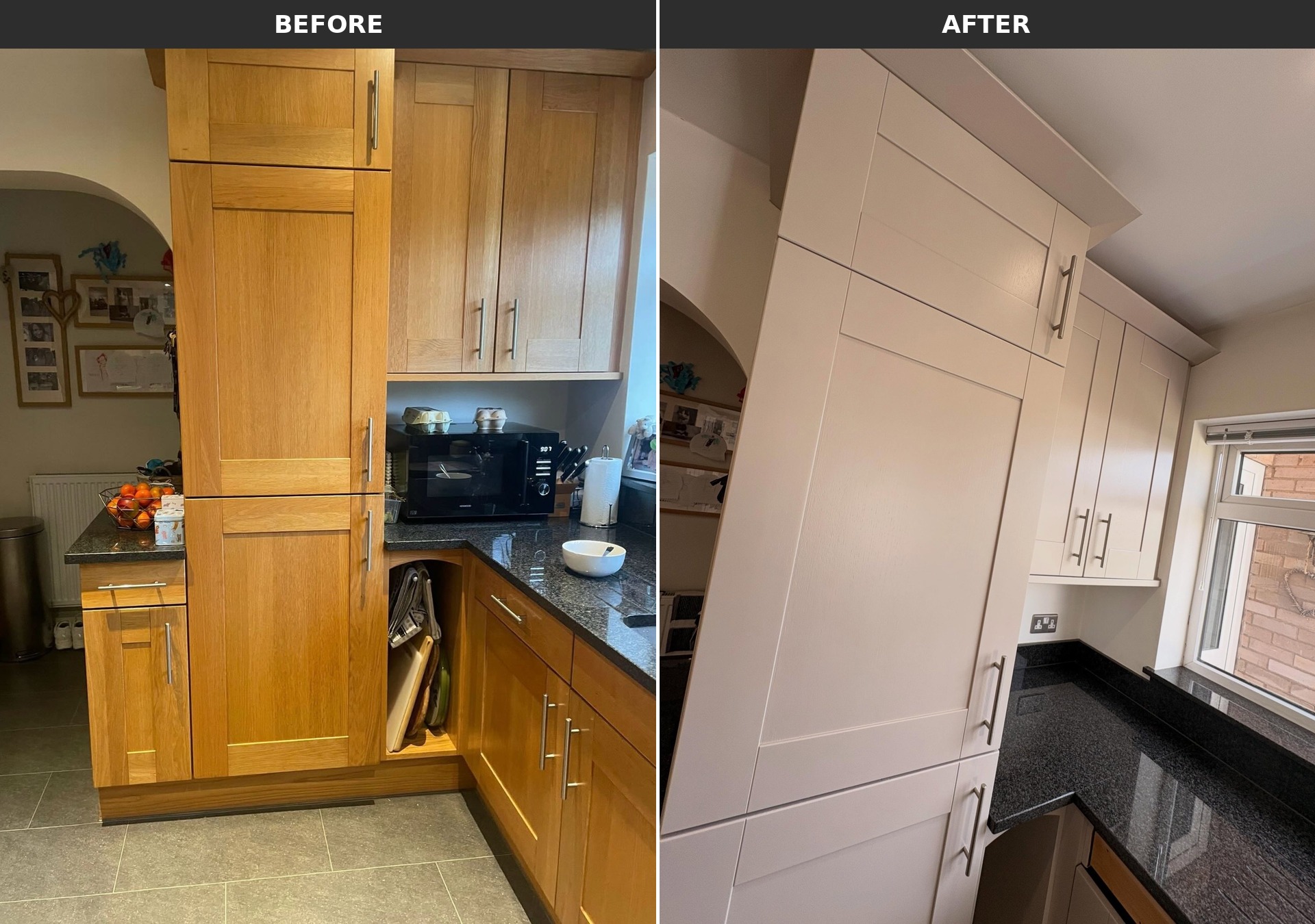 Side-by-side comparison of a full-height oak larder cabinet on the left and the same larder painted in cashmere satin on the right.