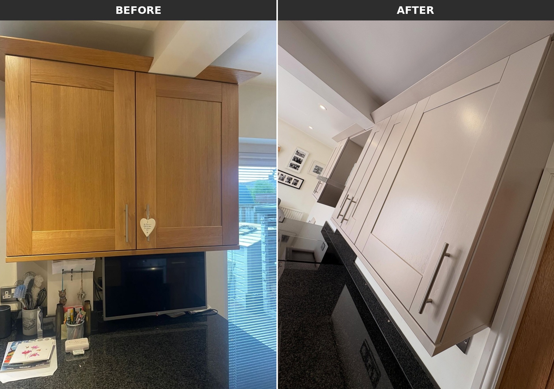 Side-by-side comparison of a pair of oak wall cabinets on the left and the same cabinets painted in cashmere satin on the right.