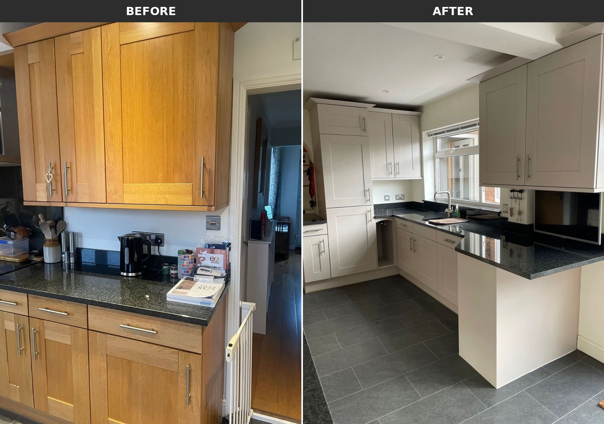 Side-by-side comparison of a wide oak kitchen view on the left and the same wide view painted cashmere satin on the right.
