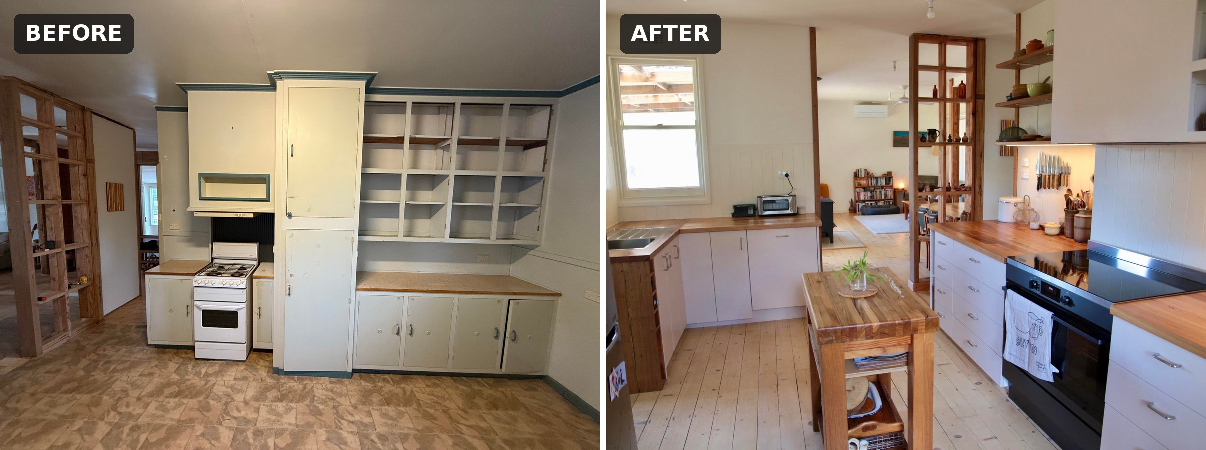 Side-by-side comparison of an old wall of painted cupboards and a gas stove and the new cooking wall with wood counters and an open view to the living room.