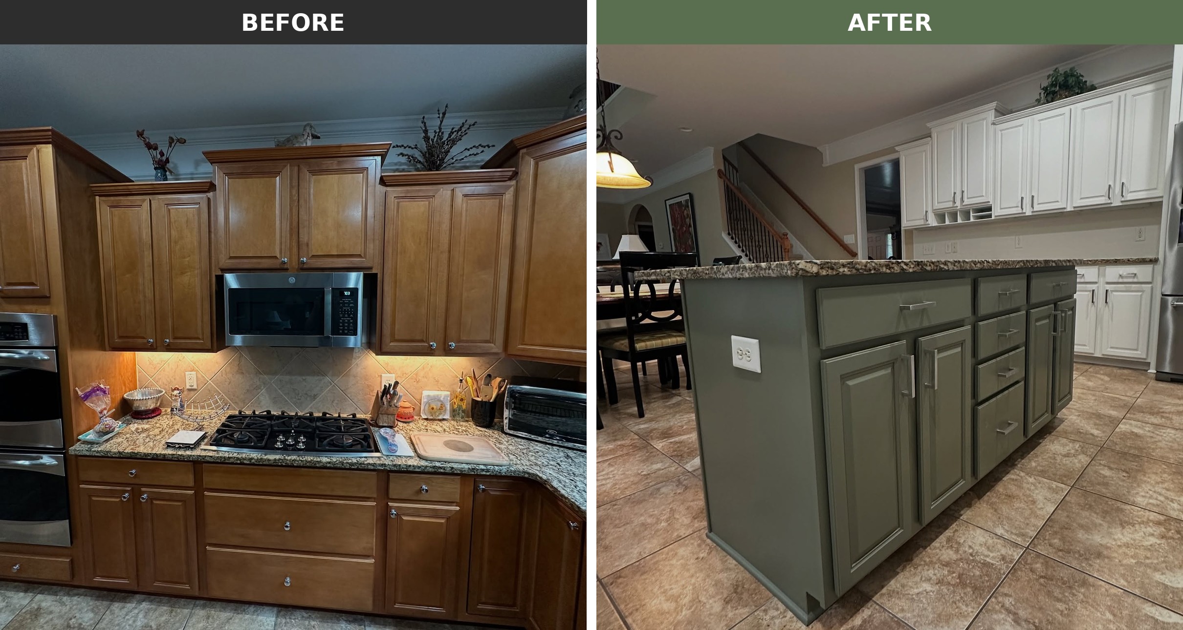 Side by side of the kitchen. Before shows orange oak cabinets around a gas cooktop. After shows a sage green island with granite top, white perimeter cabinets, and the same floor and granite.