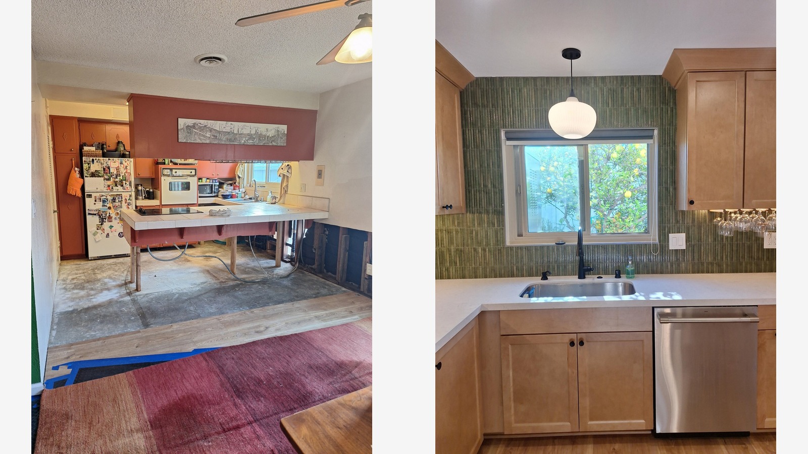 Side-by-side comparison of the kitchen mid-demolition with deep red cabinets on the left and the finished sink wall with green vertical fluted tile and a lemon tree outside the window on the right.