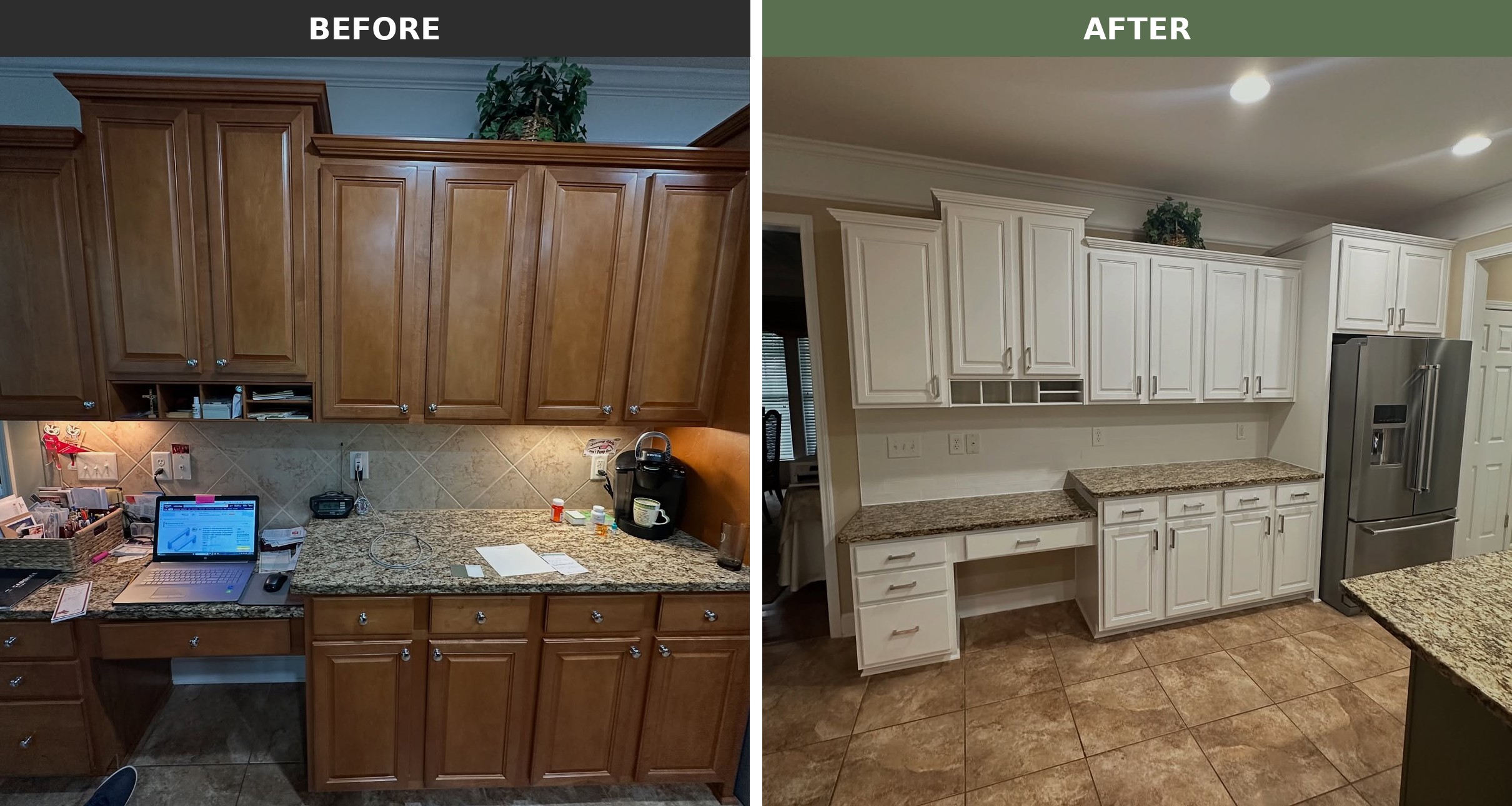Side by side of the built-in desk area. Before shows orange oak cabinets around a laptop and Keurig. After shows the same cabinets painted creamy white, same granite and same floor.