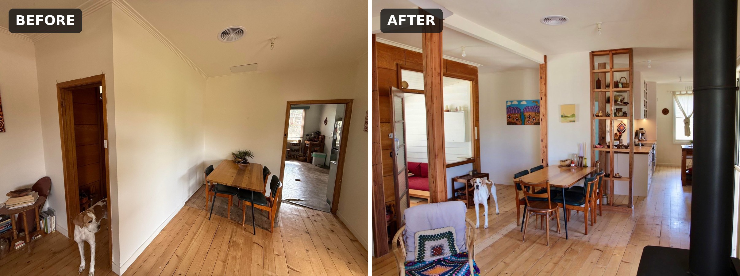 Side-by-side comparison of a closed dining room wall with one doorway and the same space opened up with timber posts and open stud shelves.