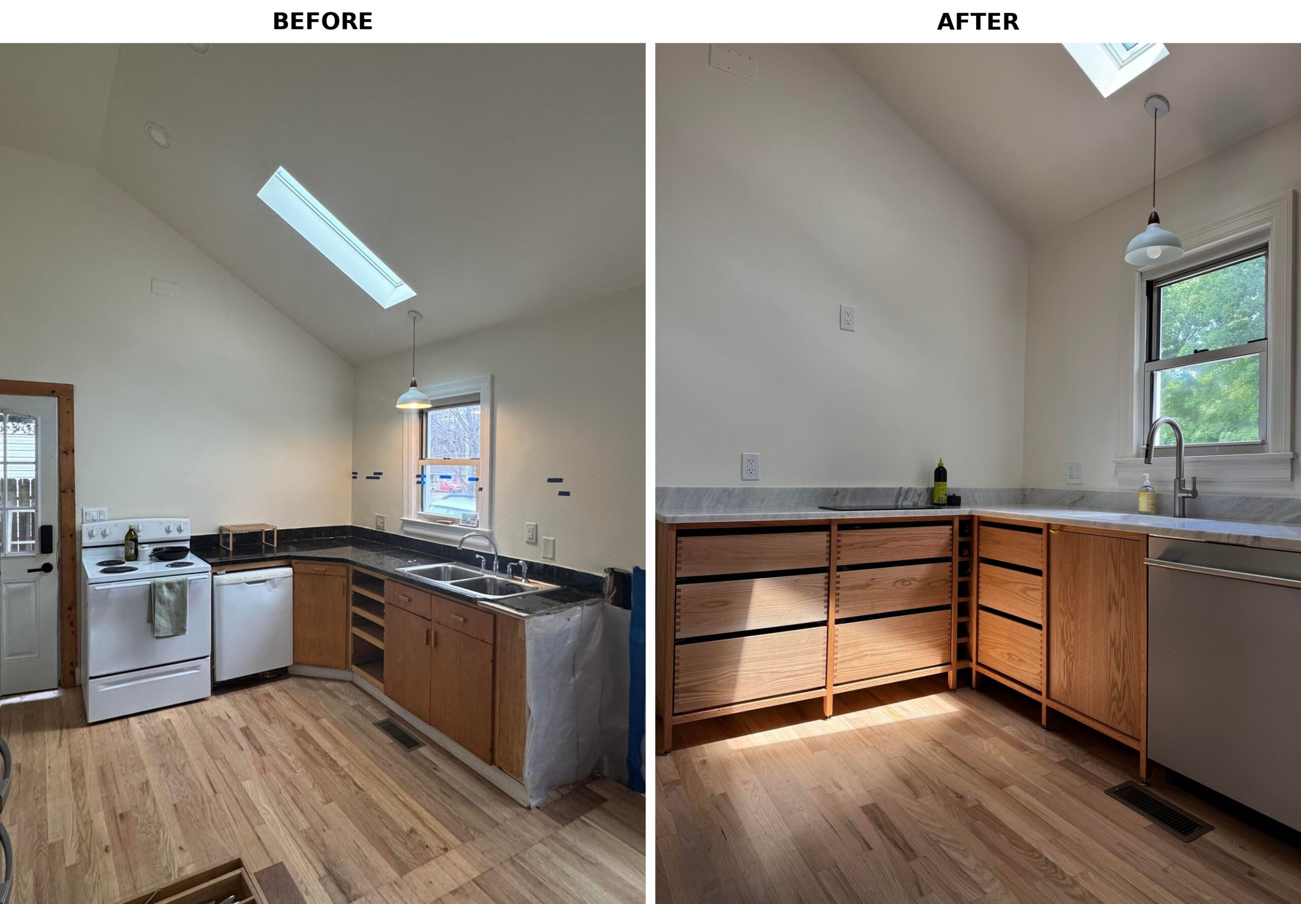 Side by side view of the same kitchen corner, with the dated builder-grade version on the left and the finished solid oak Danish-style version on the right.