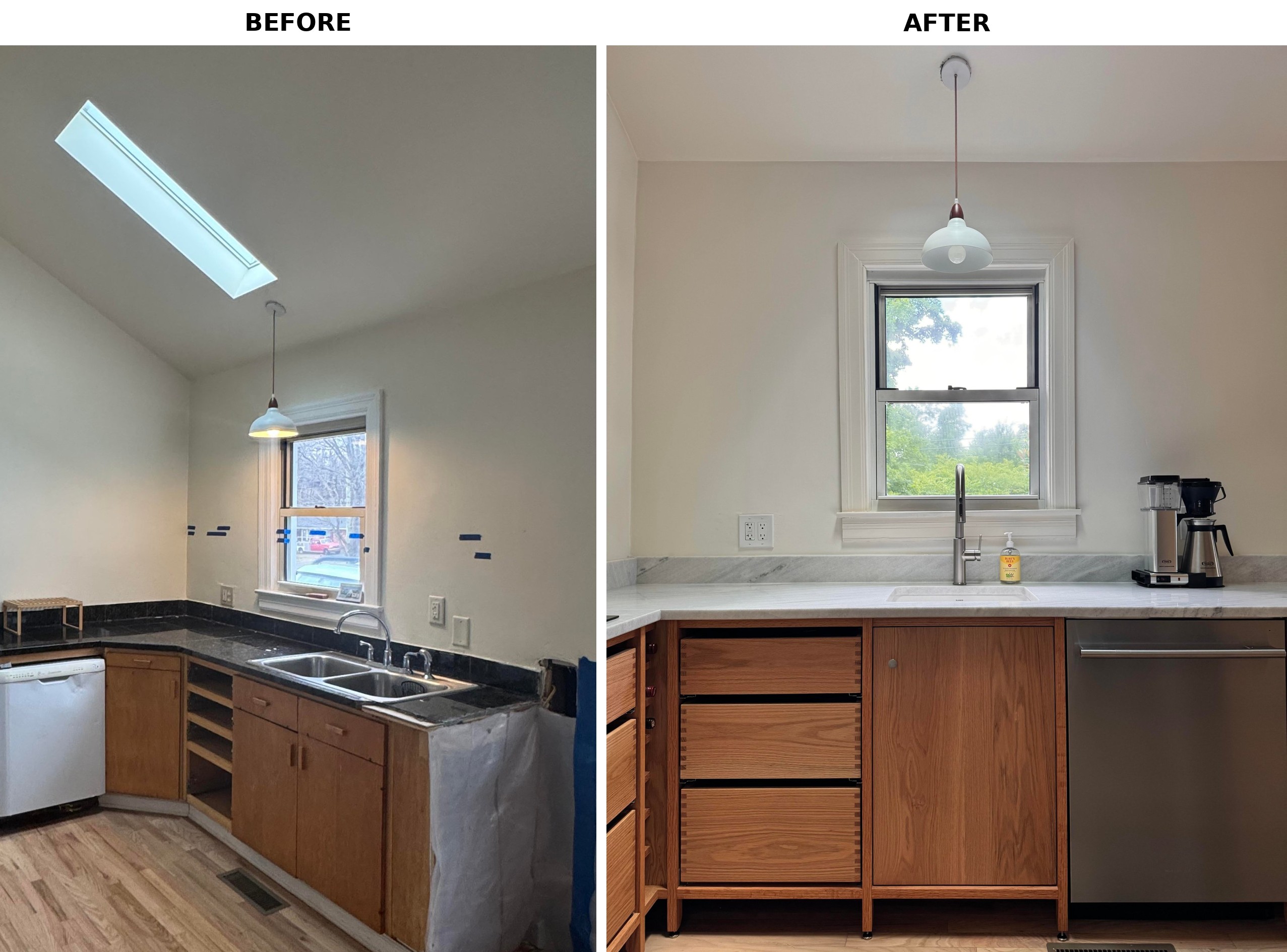 Side by side of the same window and sink wall, old dark tile counter and double stainless sink on the left, new white marble counter and oak cabinets on the right.