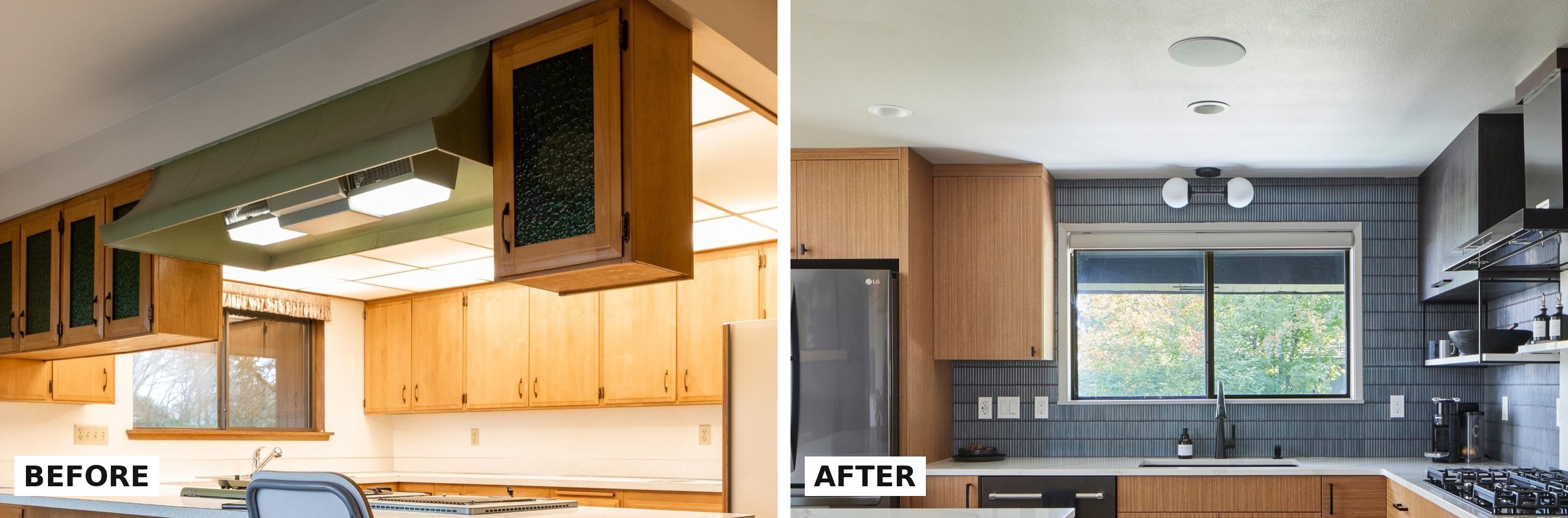 Close comparison of the kitchen ceilings, with the dropped fluorescent soffit and green hood on the left, and the uninterrupted flat ceiling with a flush recessed light on the right.