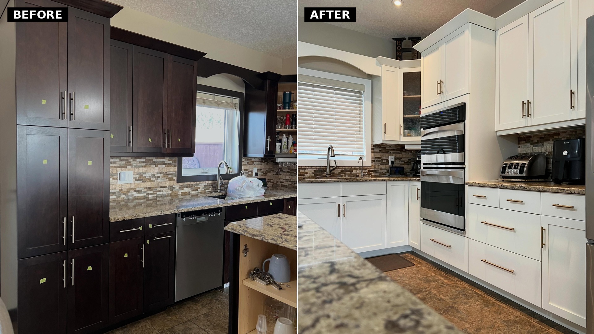 Side by side comparison of the pantry wall before with dark espresso maple and after painted Soft Chamois, showing the brushed nickel pulls swapped for champagne bronze and the same backsplash and granite kept in place.
