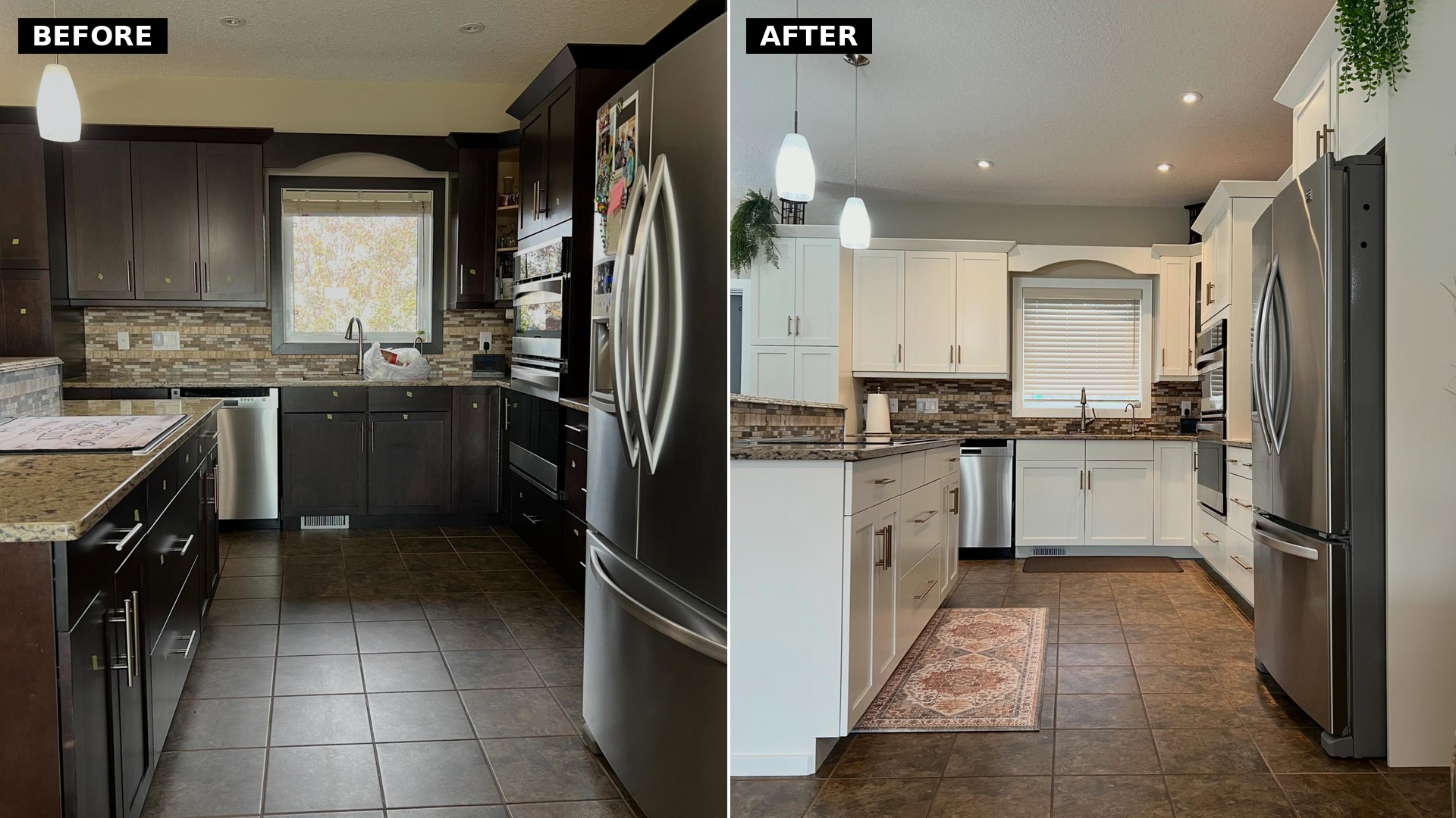 Side by side comparison of the sink wall before with dark espresso maple cabinets and after painted Soft Chamois, both frames showing the same arched window valance, double wall oven, dishwasher, and brown tile floor.