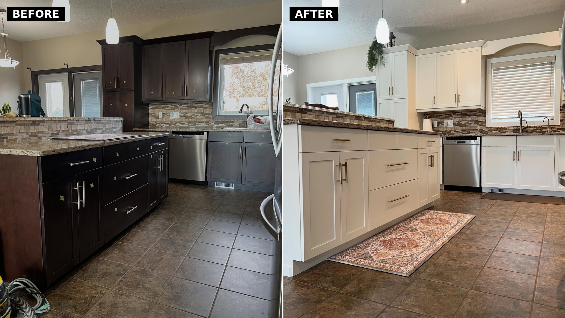 Side by side comparison showing the same kitchen island before with dark espresso maple cabinets and after painted Benjamin Moore Soft Chamois, with the same granite counters, mosaic backsplash accent, and brown tile floor in both frames.