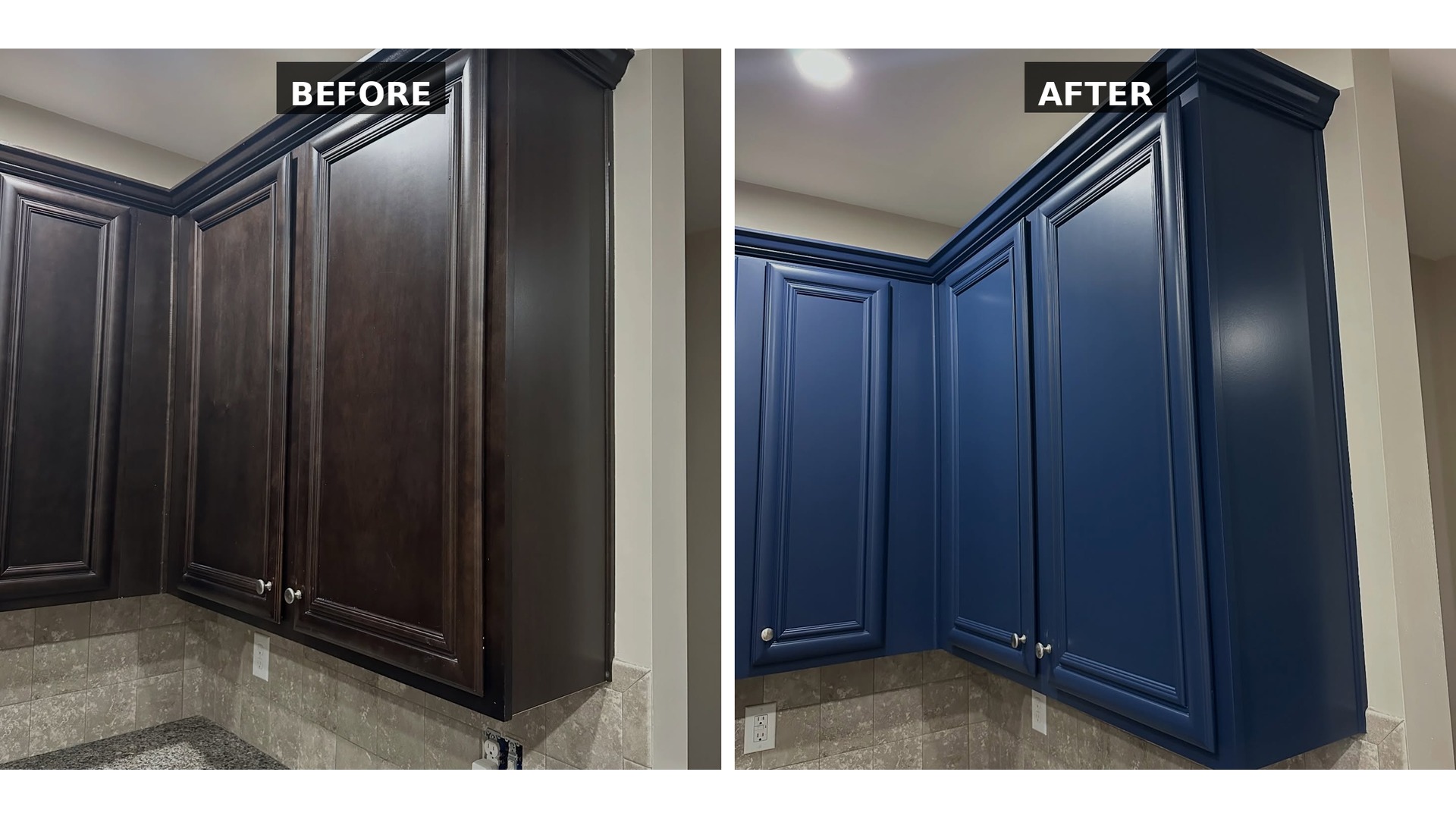 Side-by-side comparison of the kitchen's upper cabinets, with the dark espresso finish on the left labeled Before and the deep Sherwin-Williams Naval blue finish on the right labeled After, both over the same beige tile backsplash.