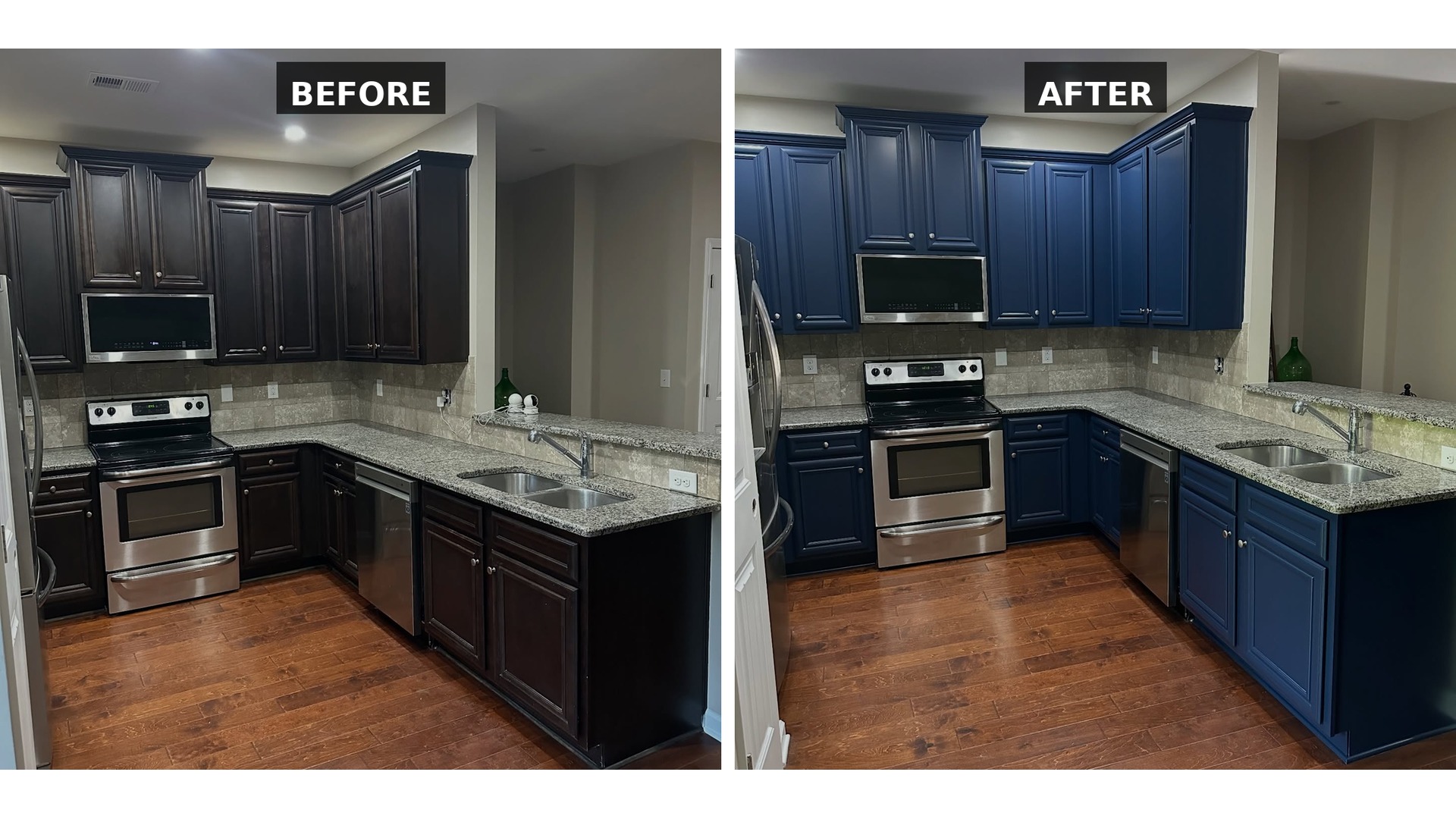 Side-by-side comparison of the kitchen, labeled Before on the left with espresso cabinets and After on the right with navy cabinets, both showing the same speckled granite counters, same beige backsplash, and same stainless appliances.