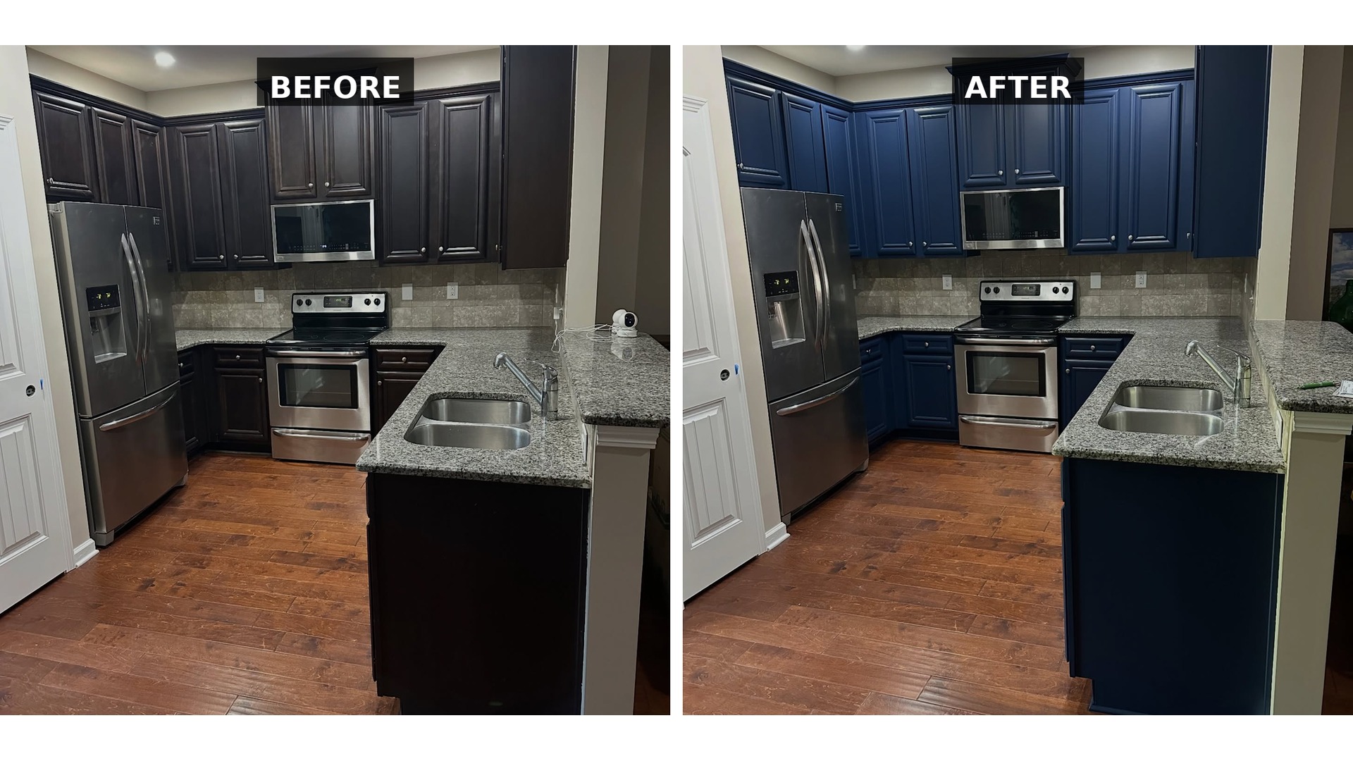 Side-by-side wide comparison of the whole kitchen, labeled Before on the left with espresso cabinets and After on the right with Sherwin-Williams Naval blue cabinets, same granite, same backsplash, same floor, same appliances.