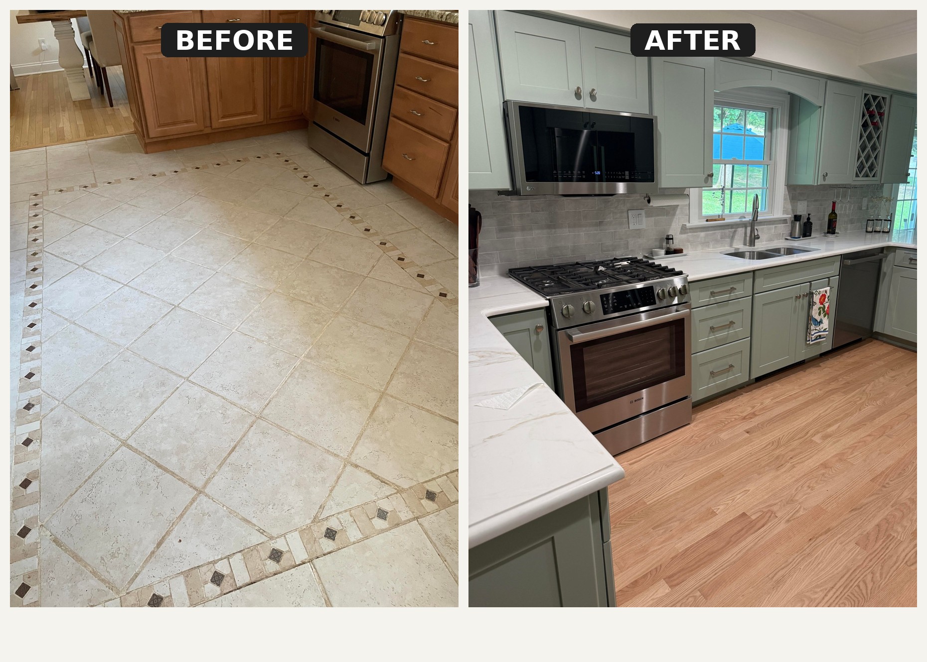Side-by-side comparison of a travertine tile kitchen floor with diamond inlays on the left, and a matte-finished red oak hardwood kitchen floor on the right.