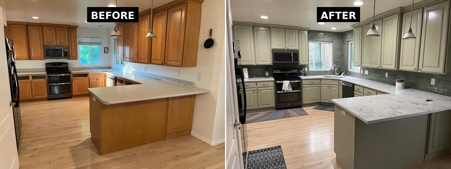 Side-by-side comparison showing a dated kitchen with formica counters and orange oak cabinets on the left, and the renovated kitchen with sage green cabinets, white quartz counters, and dark sage subway tile backsplash on the right.