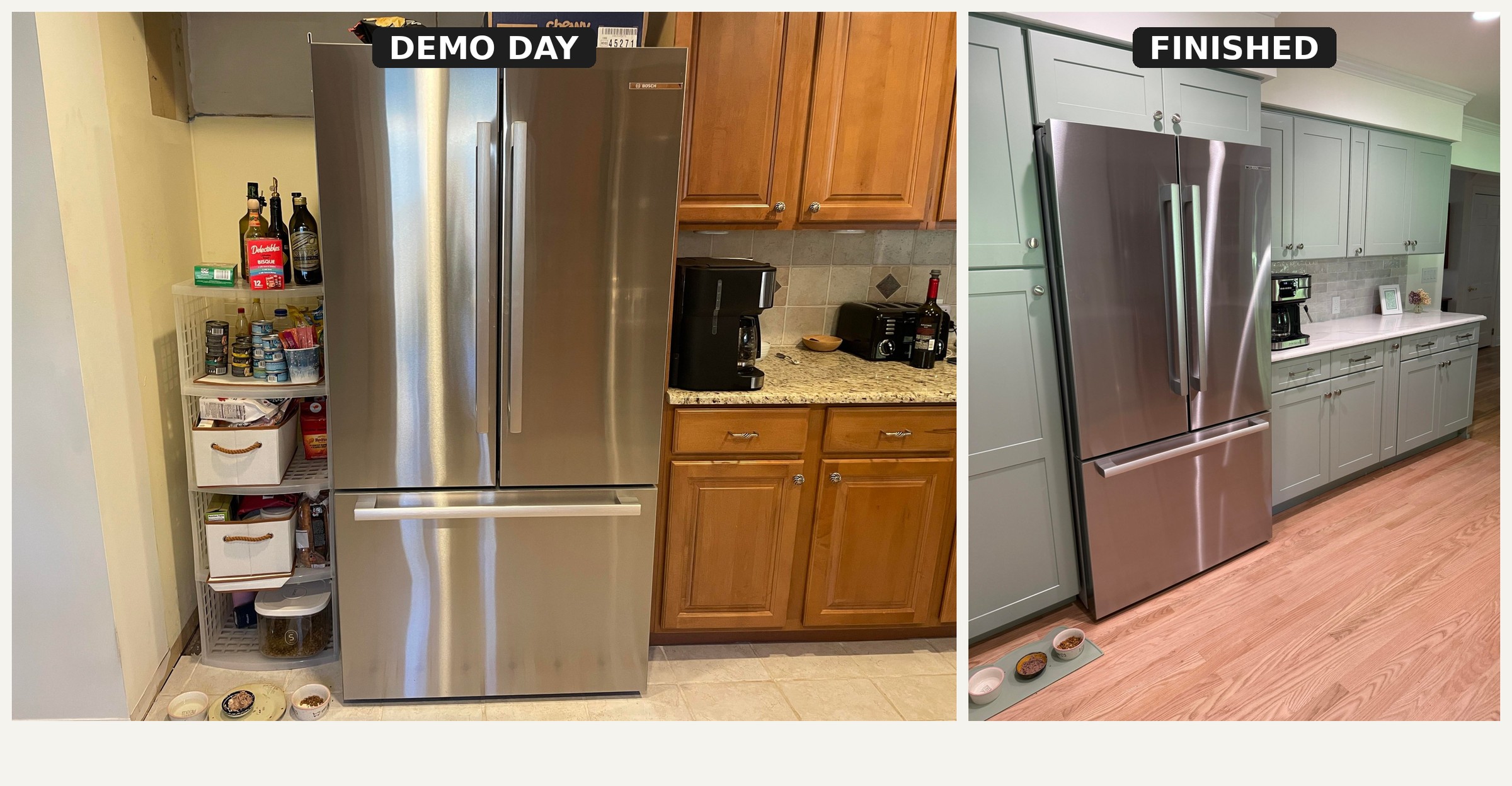Side-by-side comparison of the fridge wall during demo with raw drywall and old oak cabinets on the left, and the finished sage shaker pantry tower and new French-door fridge on the right.