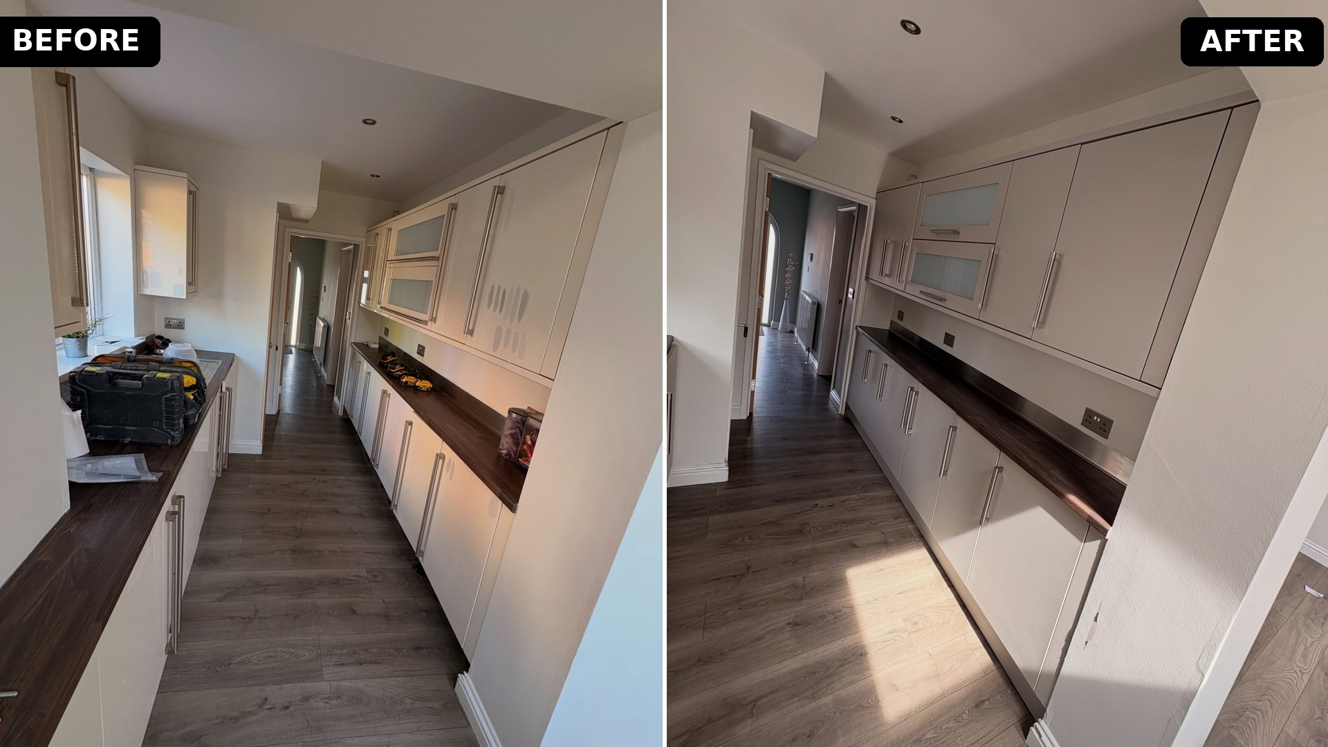 Side by side comparison of the galley viewed from the hallway door, left shows cream cabinets with patches and tool bags, right shows the same angle finished in Purbeck Stone with hallway and hall decor visible beyond.