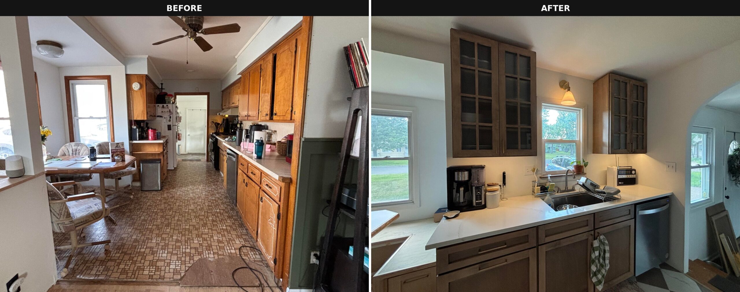 Side-by-side comparison showing the galley kitchen with brown linoleum and orange oak cabinets on the left, and the finished kitchen with checkered flooring, stained wood upper cabinets with glass fronts, and a brass sconce over the sink on the right.