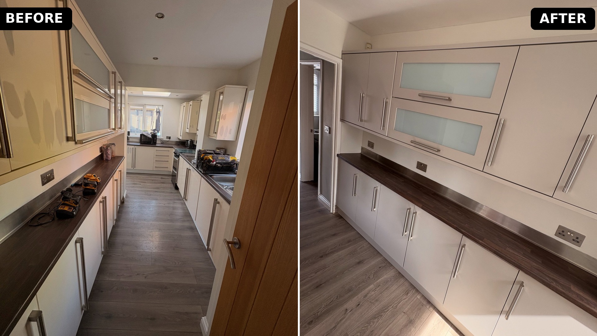 Side by side comparison of the long galley kitchen, left shows cream wrapped cabinets with ghost patches and tool bags on the counter, right shows the same galley repainted in Purbeck Stone with new shorter handles and clean walls.