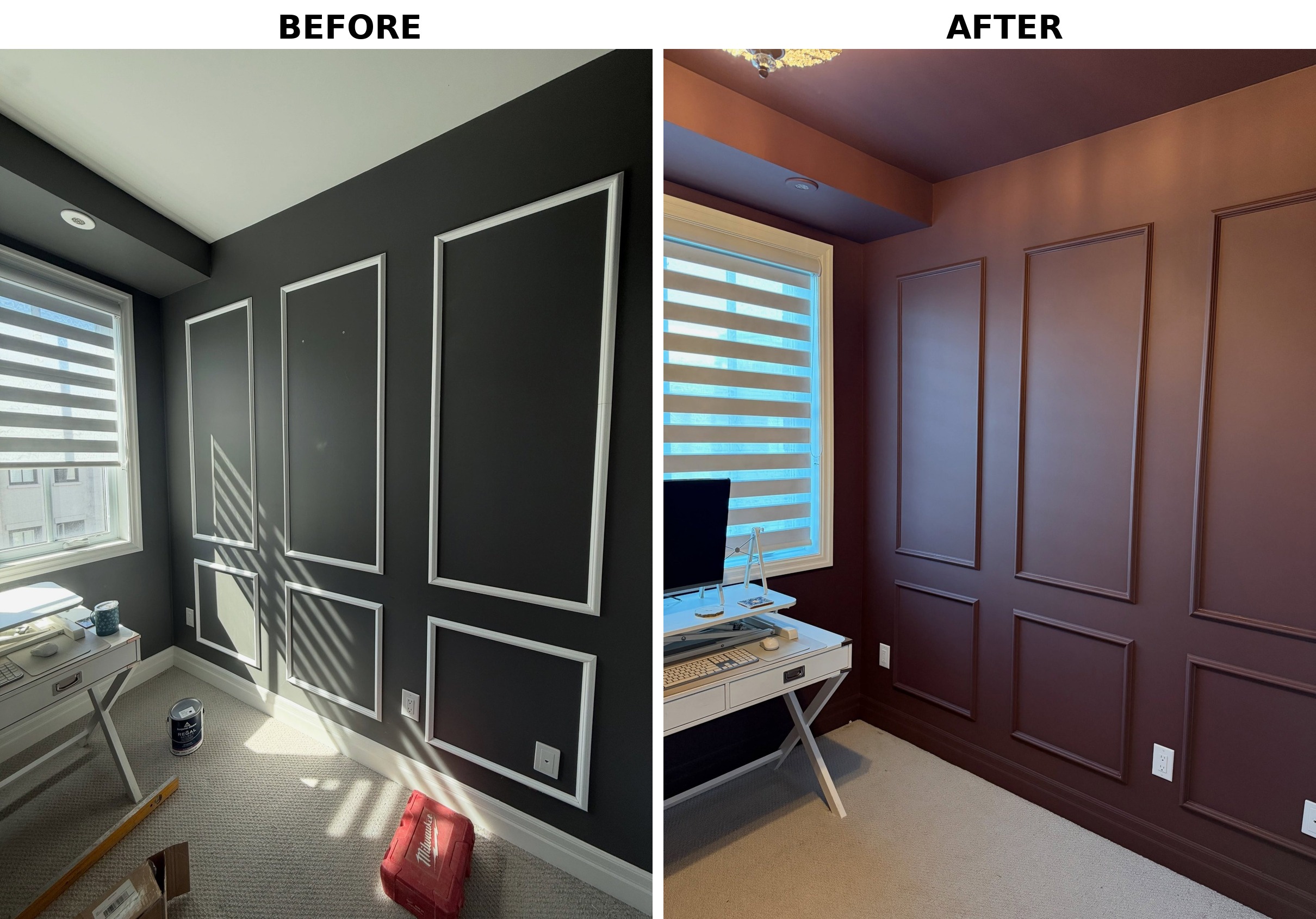 Side-by-side of the office before and after. Left side shows gray walls, bright white trim panels, a Milwaukee tool box, a Benjamin Moore paint can, and a desk by the window. Right side shows the same angle fully drenched in burgundy walls, molding, baseboards, and ceiling, with the desk returned under the window.