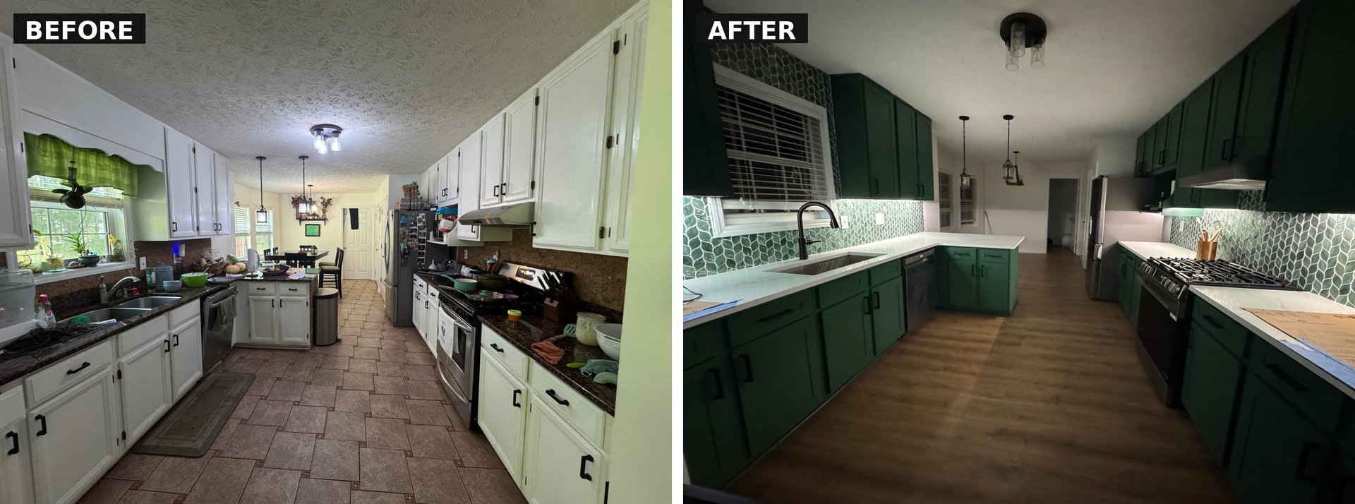 Second before and after comparison of the same kitchen focused on the sink wall, with white cabinets and brown cork backsplash on the left and deep green Kale cabinets with a green leaf tile backsplash and black fixtures on the right.