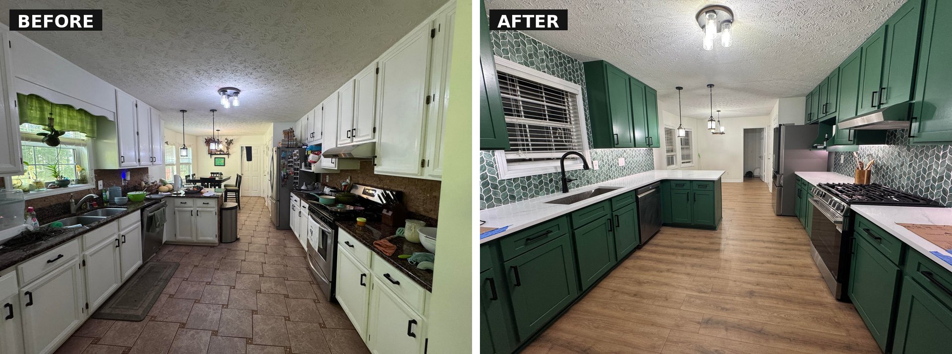 Side-by-side comparison of a long galley kitchen before and after a remodel, with white cabinets, cork backsplash, and brown tile floor on the left and deep green Sherwin-Williams Kale cabinets with a green leaf-shaped tile backsplash and wood-look flooring on the right.