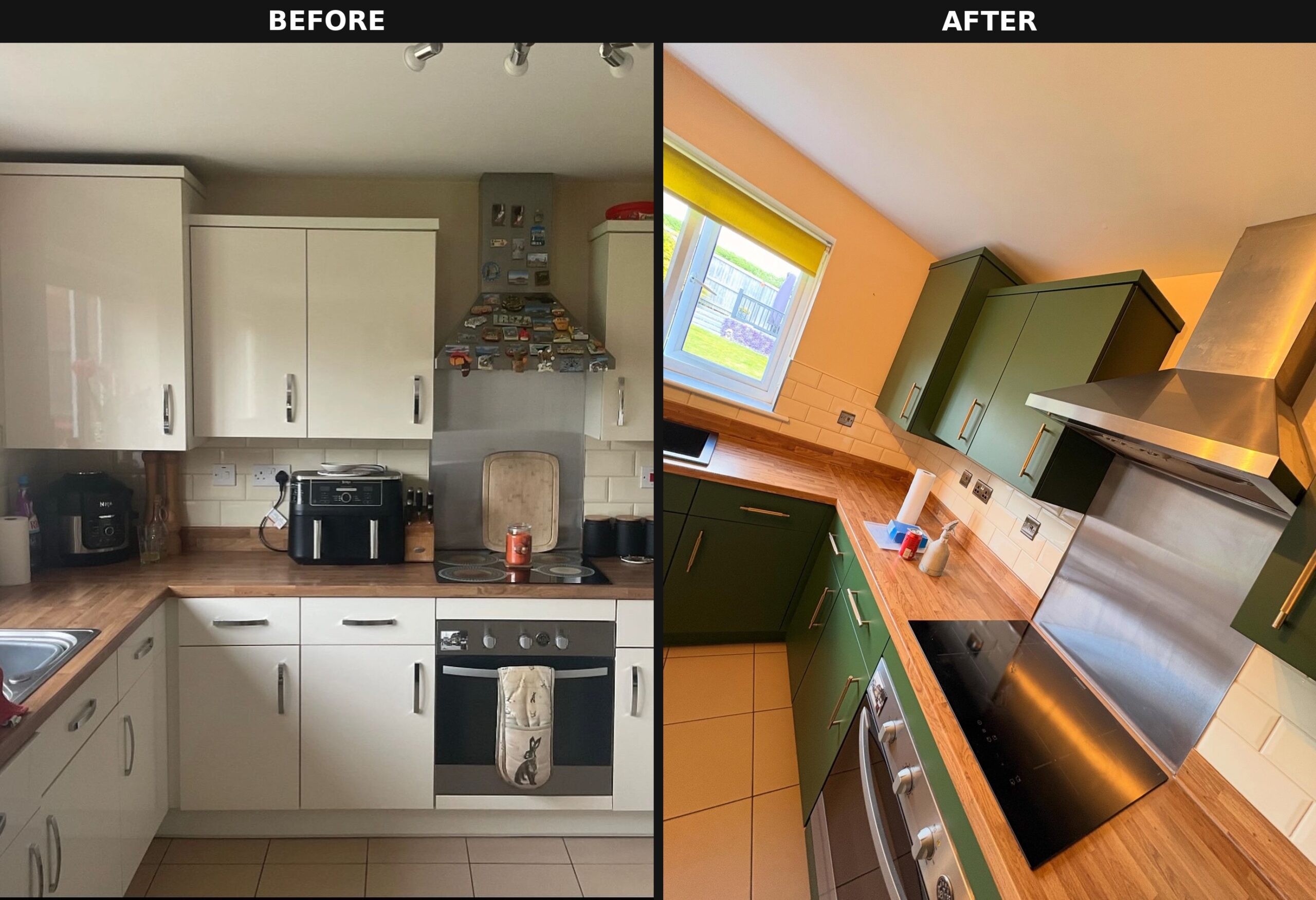 Side by side comparison of the cooktop wall, cream gloss cabinets with chrome handles and a magnet-covered hood on the left, deep green matte cabinets with brass pulls and a bare stainless hood on the right.