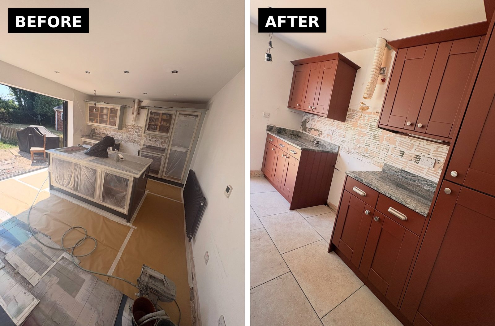 Side-by-side of the kitchen island masked up before the respray and the same island finished in Etruscan Red with granite worktop.