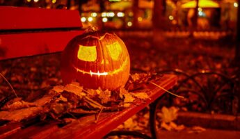 A carved jack-o-lantern with triangle eyes and a jagged smile glows warm orange from inside, sitting on a dark red wooden park bench piled with dry fallen autumn leaves, with soft blurred city lights behind it at night.