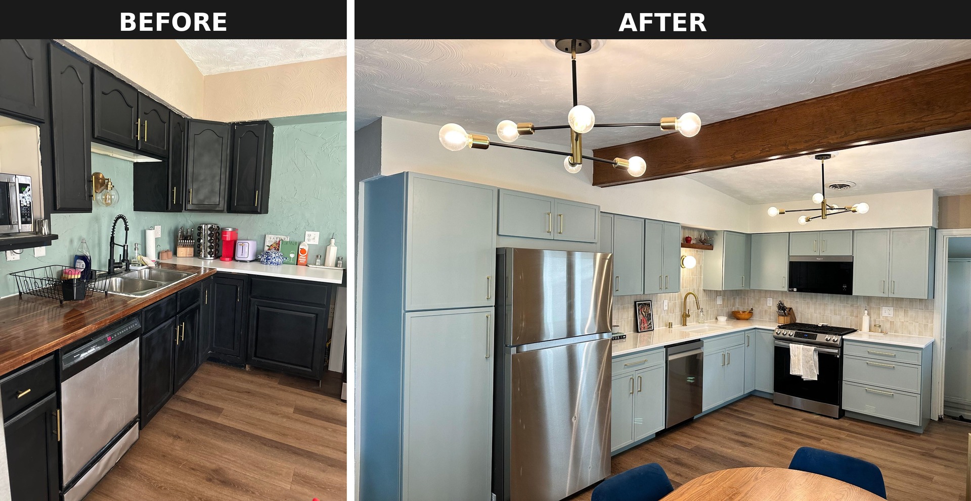 Side by side comparison showing the kitchen sink wall before and after, from black-painted cabinets, mint stucco walls and a butcher block counter to sage blue cabinets, vertical beige tile and a white quartz counter.
