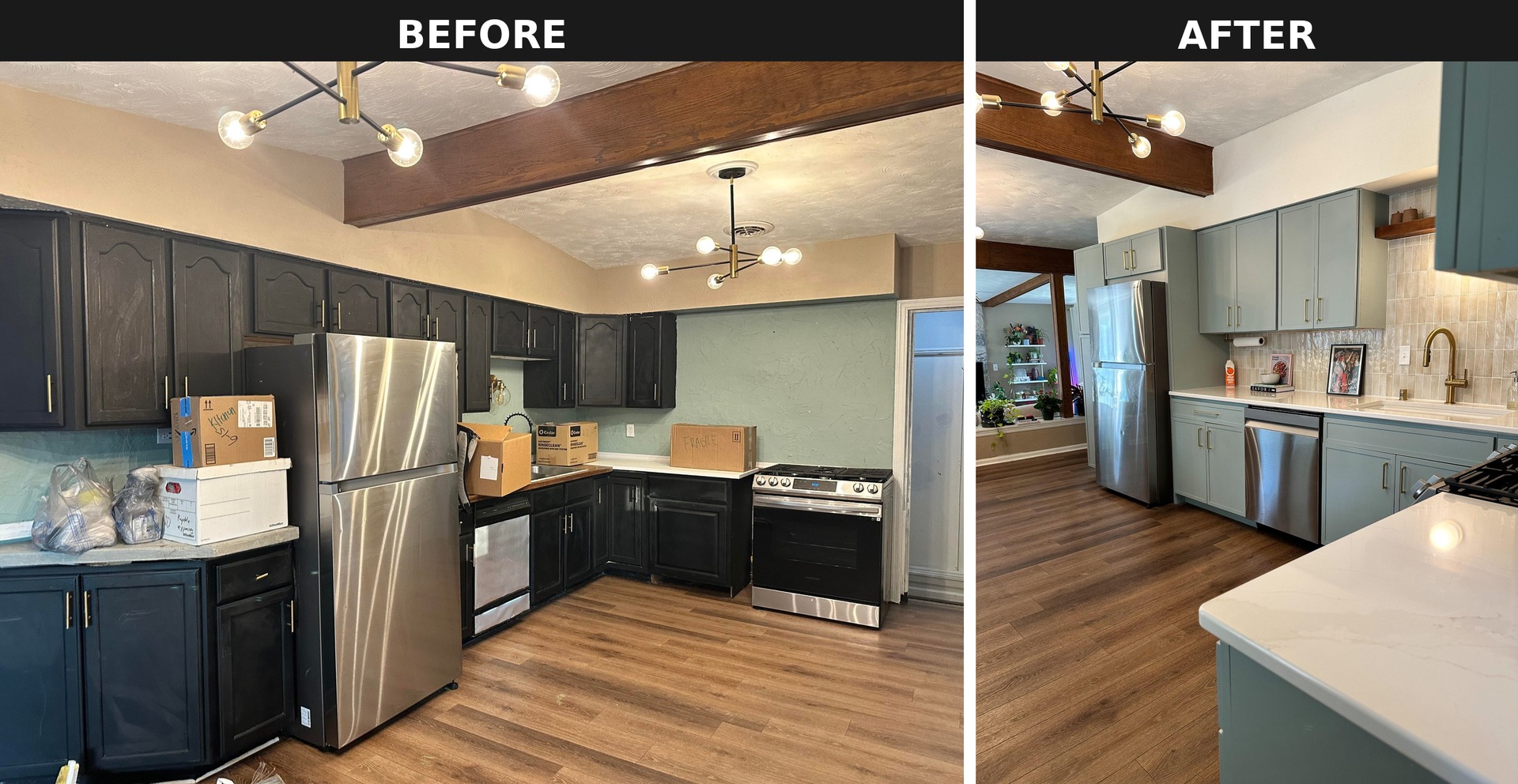 Side by side comparison of the kitchen stove wall during remodel with boxes and old black cabinets and finished with sage blue cabinets, vertical beige tile backsplash, brass pulls and a stainless gas range.