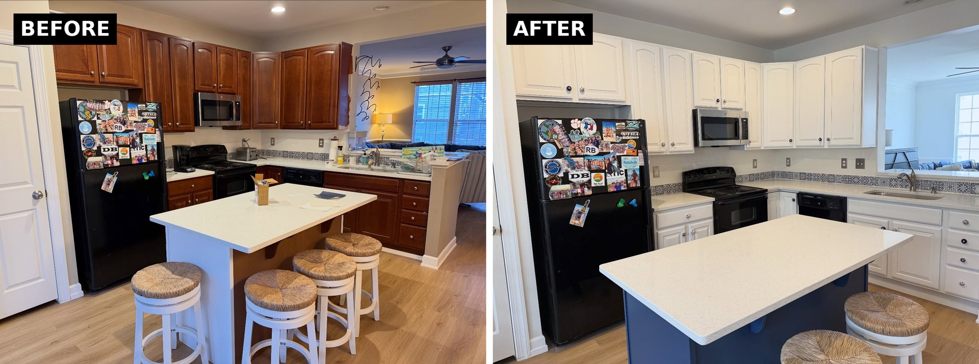 Side-by-side comparison of the full kitchen. Before shows cherry wood cabinets fighting the Moroccan tile. After shows white perimeter cabinets and a navy island with the same tile now reading as the centerpiece.