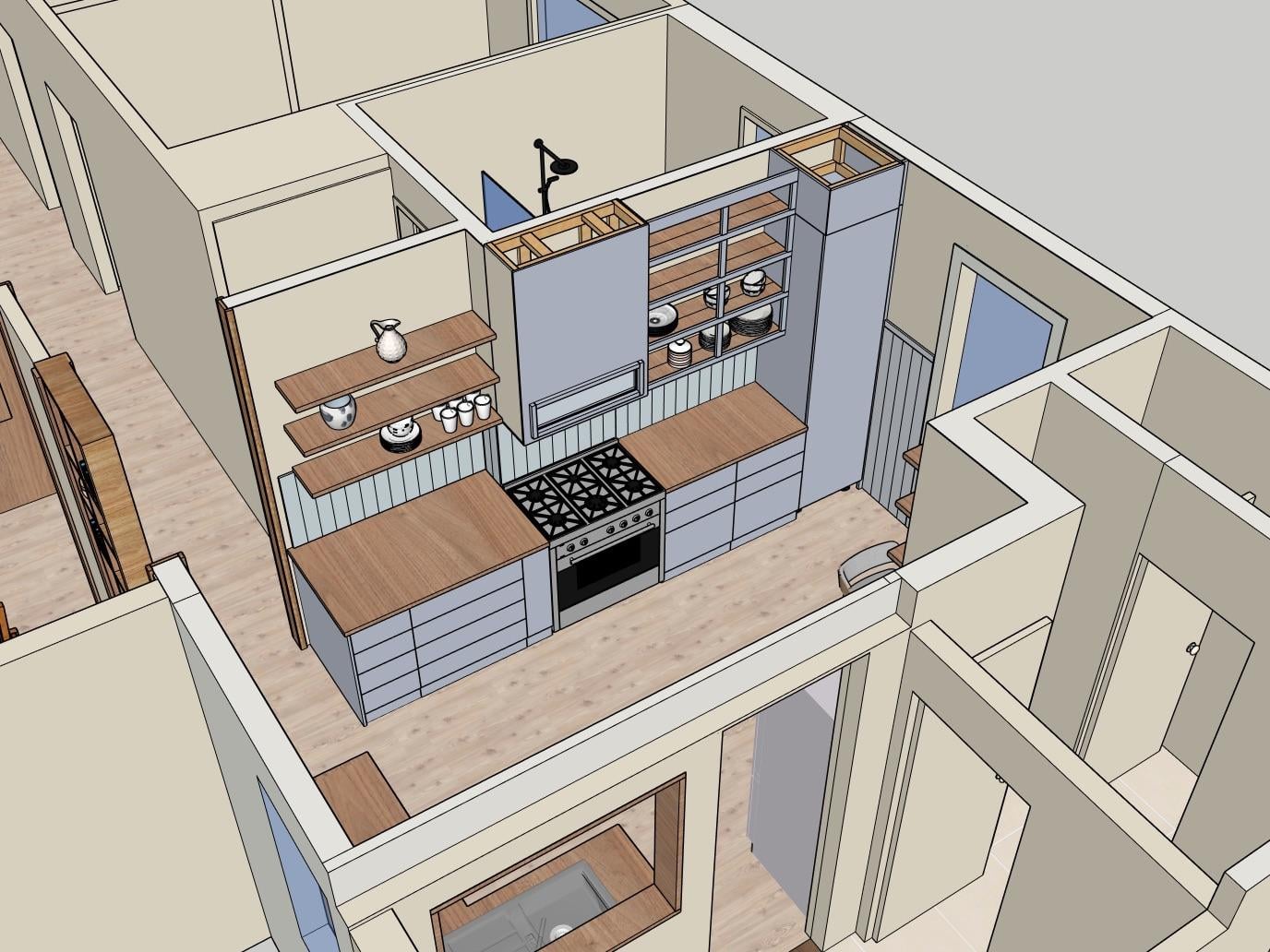 3D design model of a kitchen wall with a range, wood countertops, light blue drawers, open wood shelves, and a paneled backsplash.