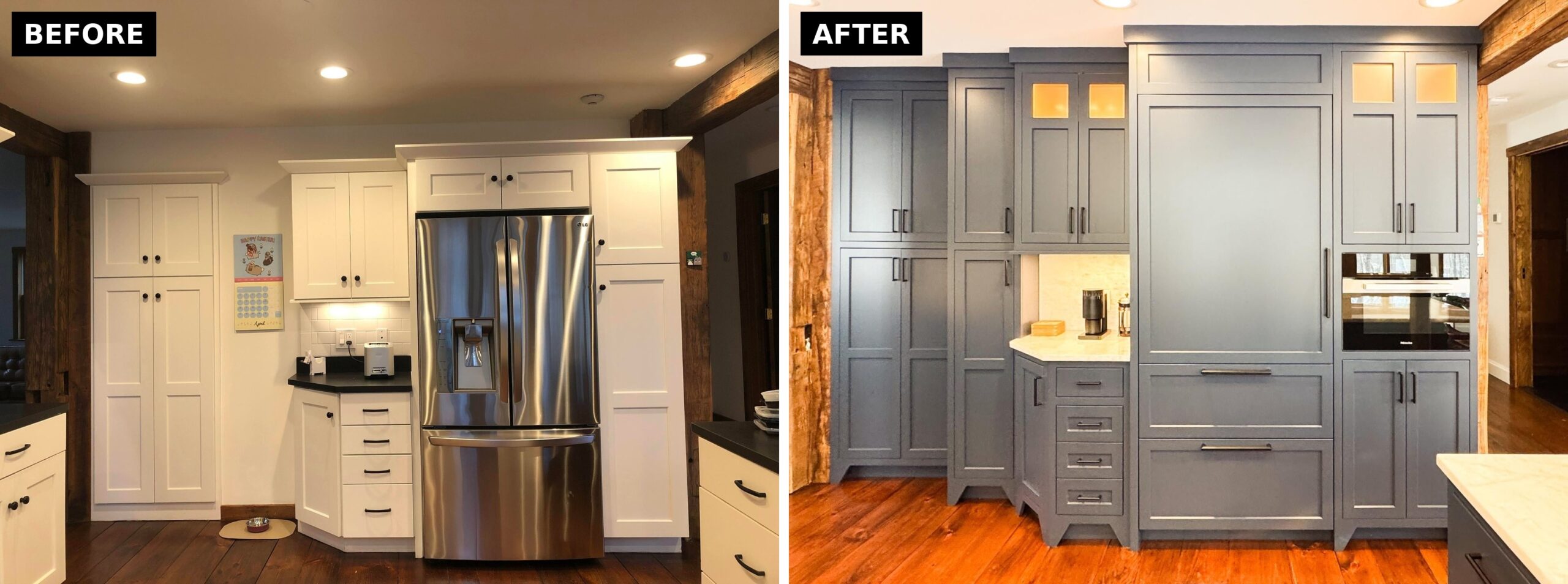 Comparison of the fridge wall before, with a stainless French-door fridge, and after, with a panel-ready fridge hidden behind navy cabinet doors.