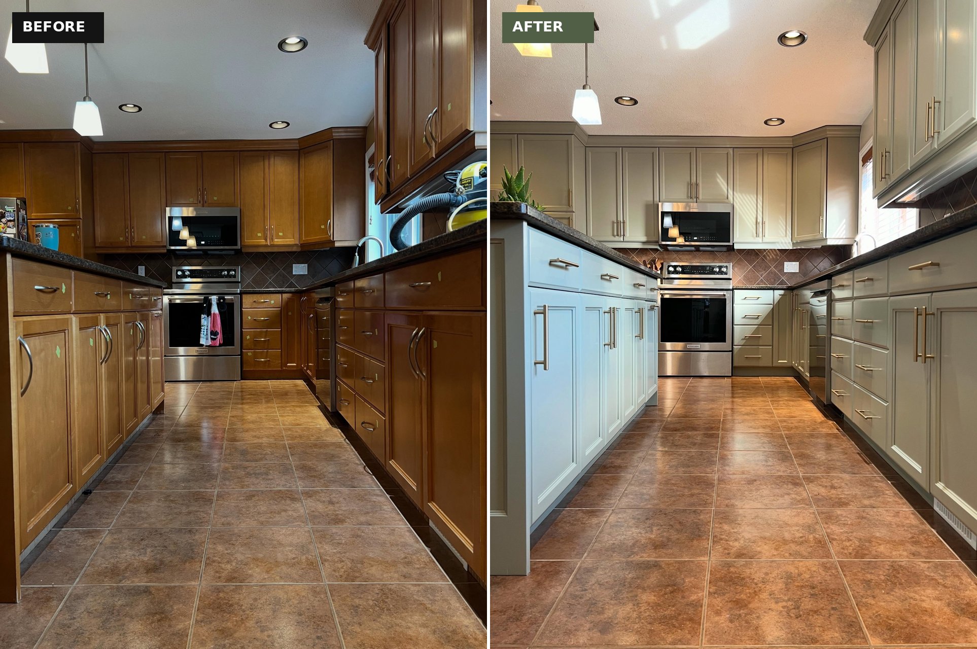 Before and after comparison of the kitchen galley looking toward the oven, with orange honey oak cabinets on the left and sage green Honed Soapstone cabinets with brass pulls on the right.