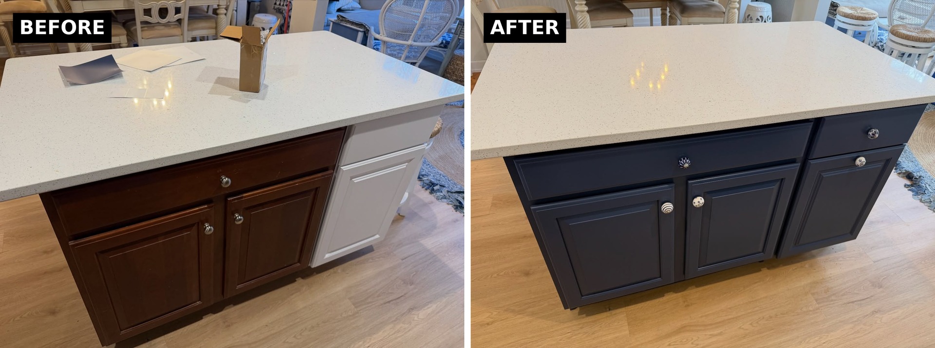 Side-by-side comparison of the kitchen island. Before shows a cherry wood base with white quartz top. After shows the same island painted deep navy with the quartz top unchanged.