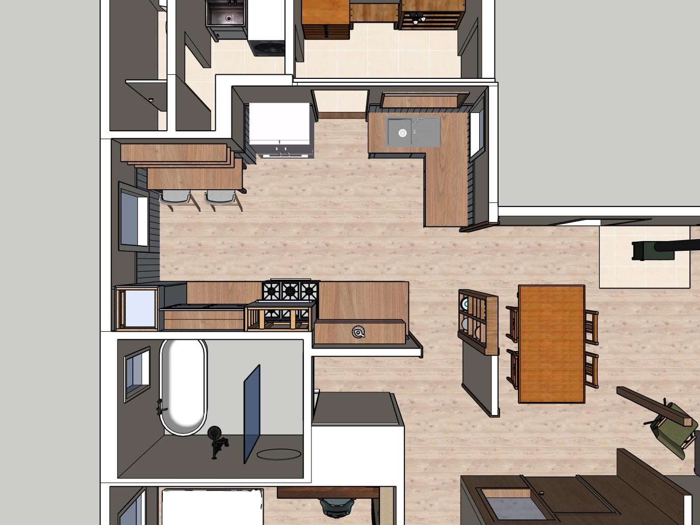 Top-down 3D design plan of an L-shaped kitchen with a sink corner, a stove run, a small breakfast bar, and an open link to a dining table.