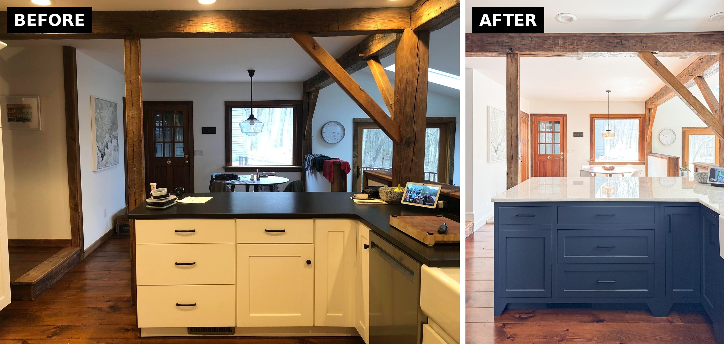 Side by side view of the peninsula area before and after, showing white Shaker cabinets with a black counter next to navy cabinets with a white marble top under the same wood beams.