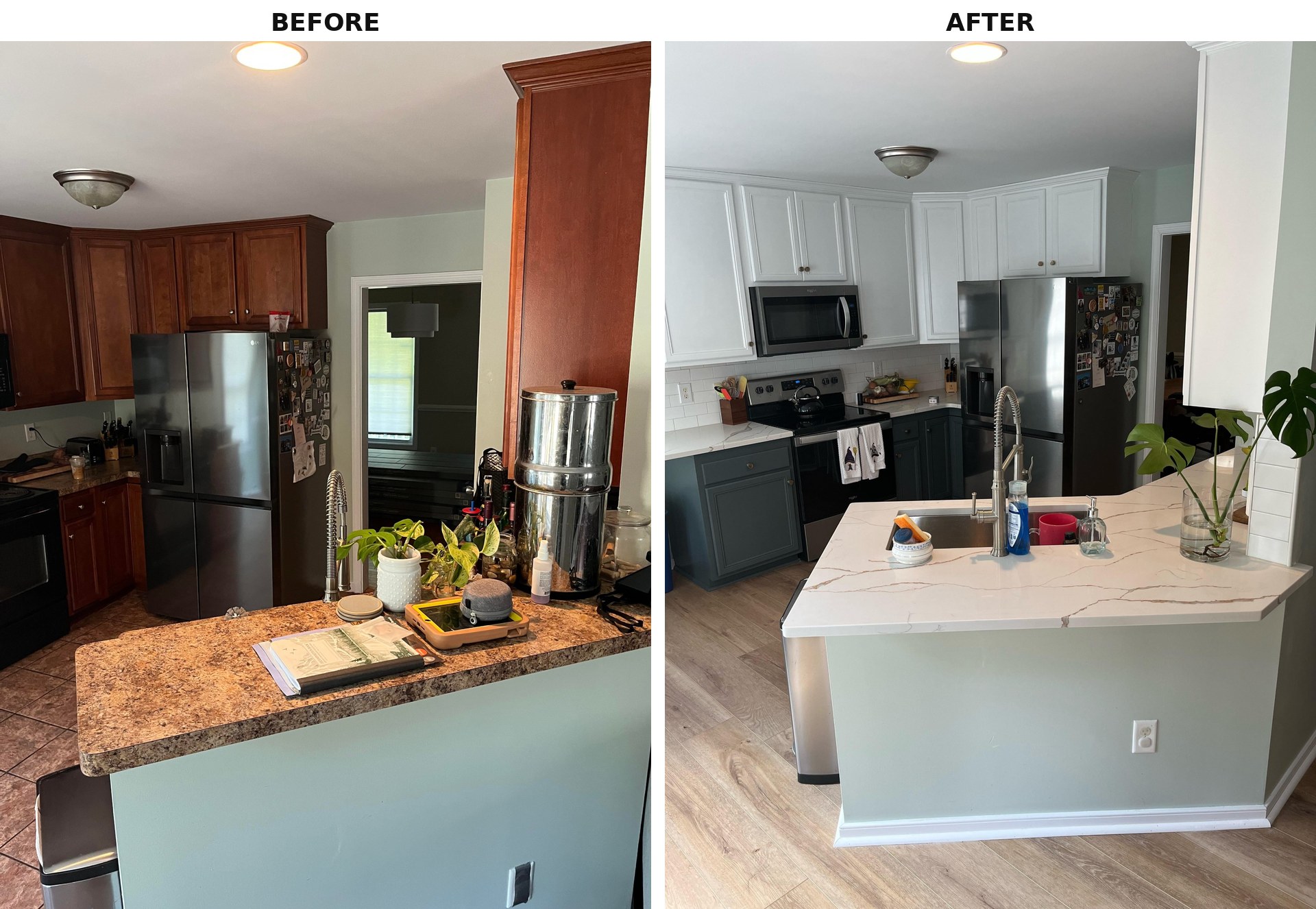 Side-by-side comparison of the full kitchen looking toward the fridge wall. Before: cherry orange cabinets everywhere, dark laminate counter, tan tile floor. After: white uppers, dark gray-green lowers, white subway tile, white quartz, oak LVP flooring, same black stainless LG fridge, and the sage walls now reading as a soft airy backdrop.