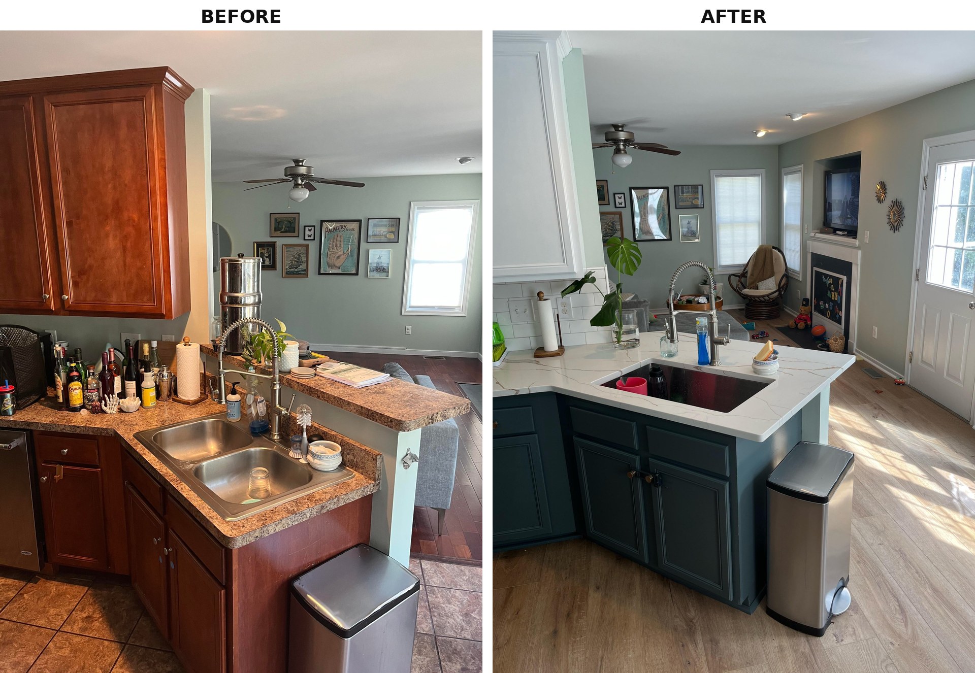 Side-by-side comparison of the kitchen peninsula sink. Before: cherry orange base cabinets, dark laminate counters, double stainless drop-in sink, tan tile floor. After: same cabinet boxes painted dark gray-green, white Calcutta Oro Leaf quartz counters, a deep single bowl undermount sink, oak LVP floors, and the sage walls finally reading soft and airy.