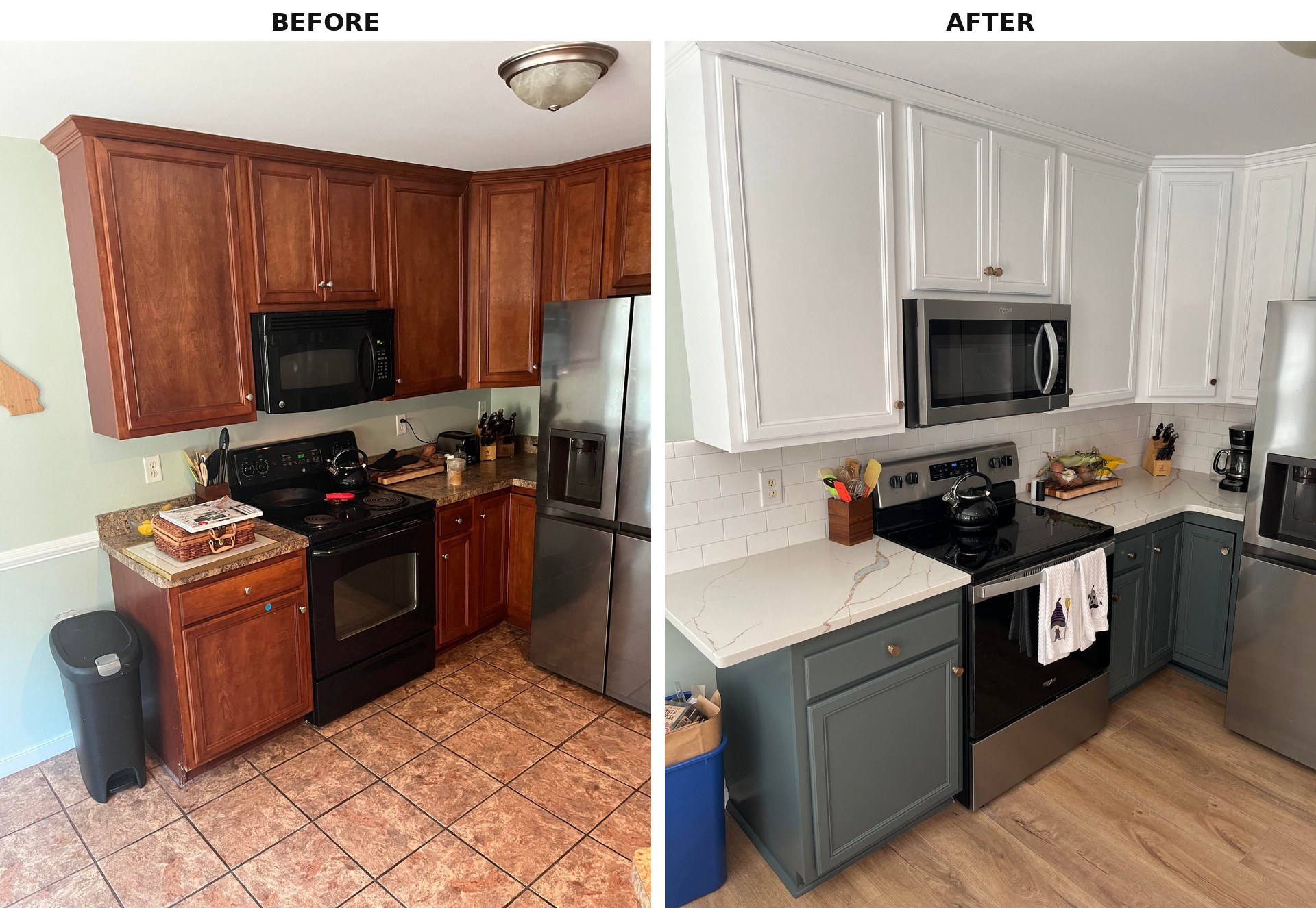Side-by-side comparison of the kitchen stove corner. Before: cherry orange raised panel cabinets, black appliances, tan tile floor. After: same cabinet boxes with white paint on top, dark gray-green paint on the bottom, white subway tile backsplash, white quartz counters with gold veining, and oak LVP flooring.