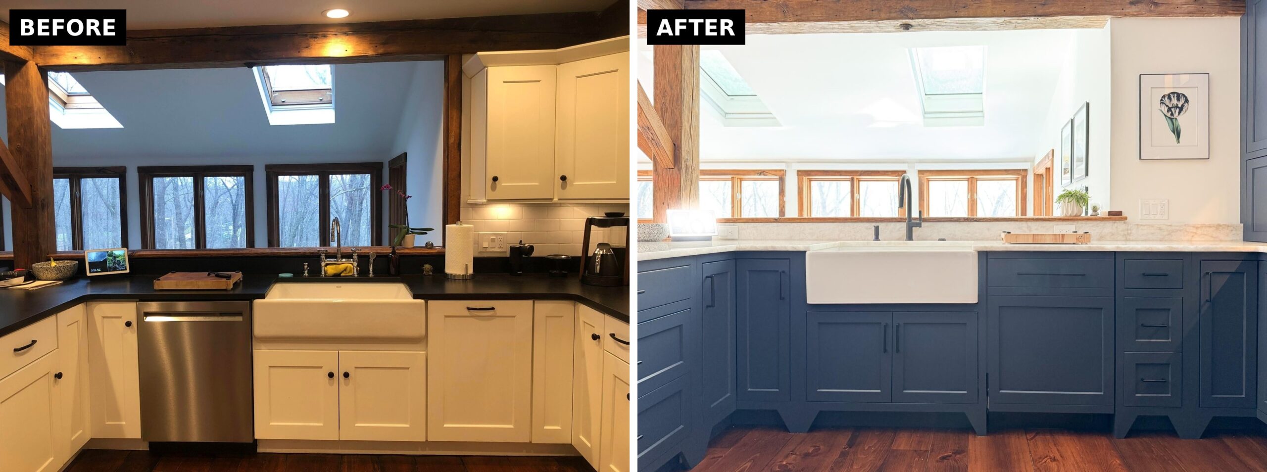 Before and after of the skylight sink wall, comparing white Shaker cabinets and black counters with navy cabinets, marble counters, and a white apron sink.