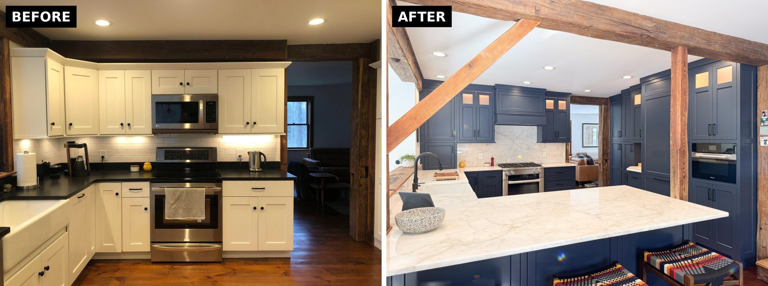 Before and after of the cooking wall, showing stainless appliances and white cabinets replaced by navy cabinets, a marble backsplash and a navy custom hood over the gas range.