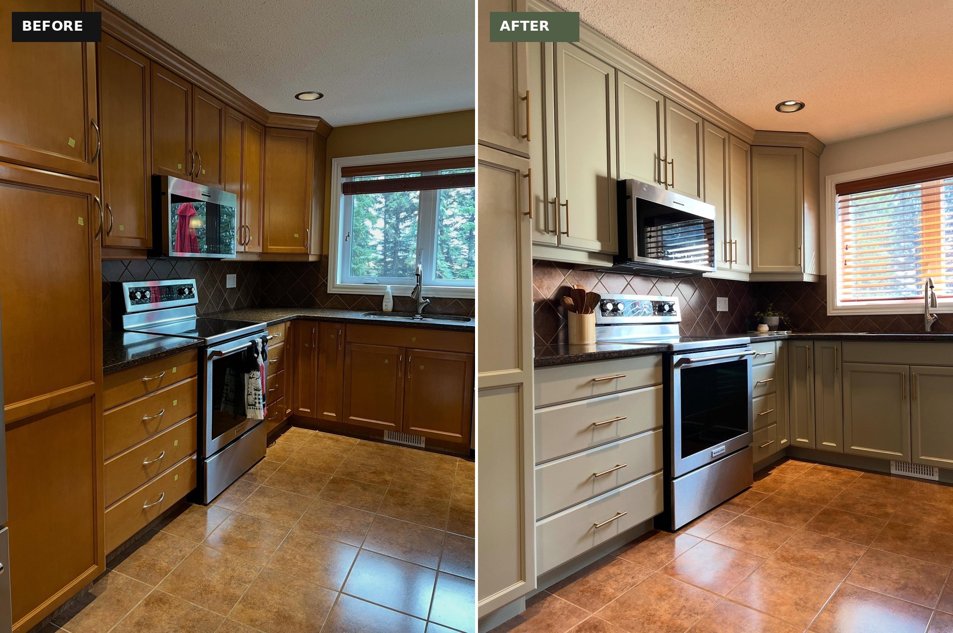 Before and after comparison of the kitchen wall holding the stove and sink window, orange honey oak on the left and sage green Honed Soapstone with brass pulls on the right, with the same brown diamond tile and granite counters in both.