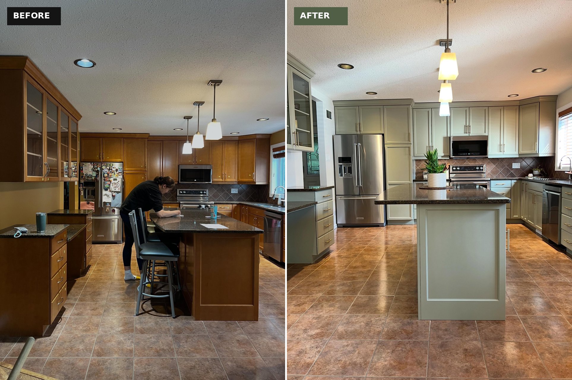 Side-by-side comparison of a kitchen with orange honey oak cabinets on the left and the same kitchen painted in Sherwin-Williams Honed Soapstone sage green on the right, with the same brown granite island, brown diamond backsplash and terracotta tile floor in both.