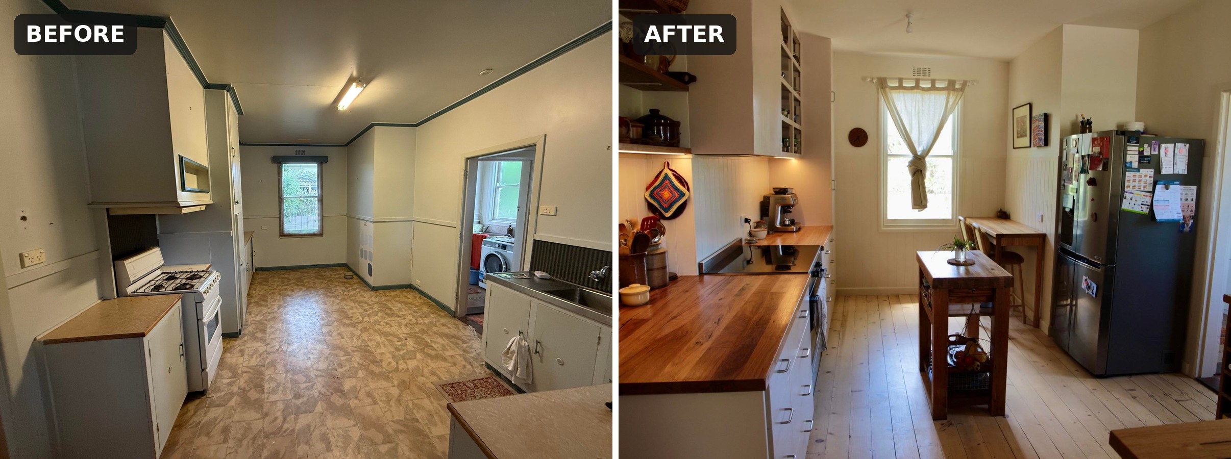Side-by-side comparison of a dated kitchen with vinyl floors and teal trim and the same room with wood counters, pine floors, and a butcher block island.