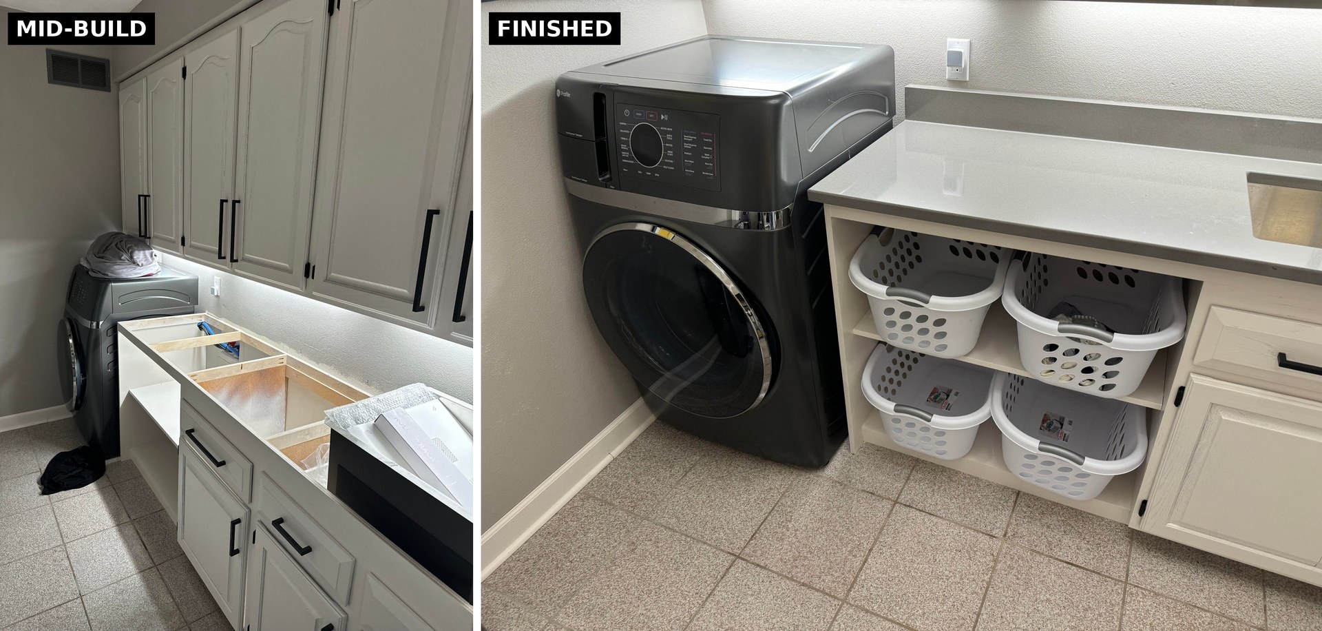 Side by side comparison of the mid build stage with open counter framing on the left and the finished basket cubby storage beside the all in one washer dryer on the right.